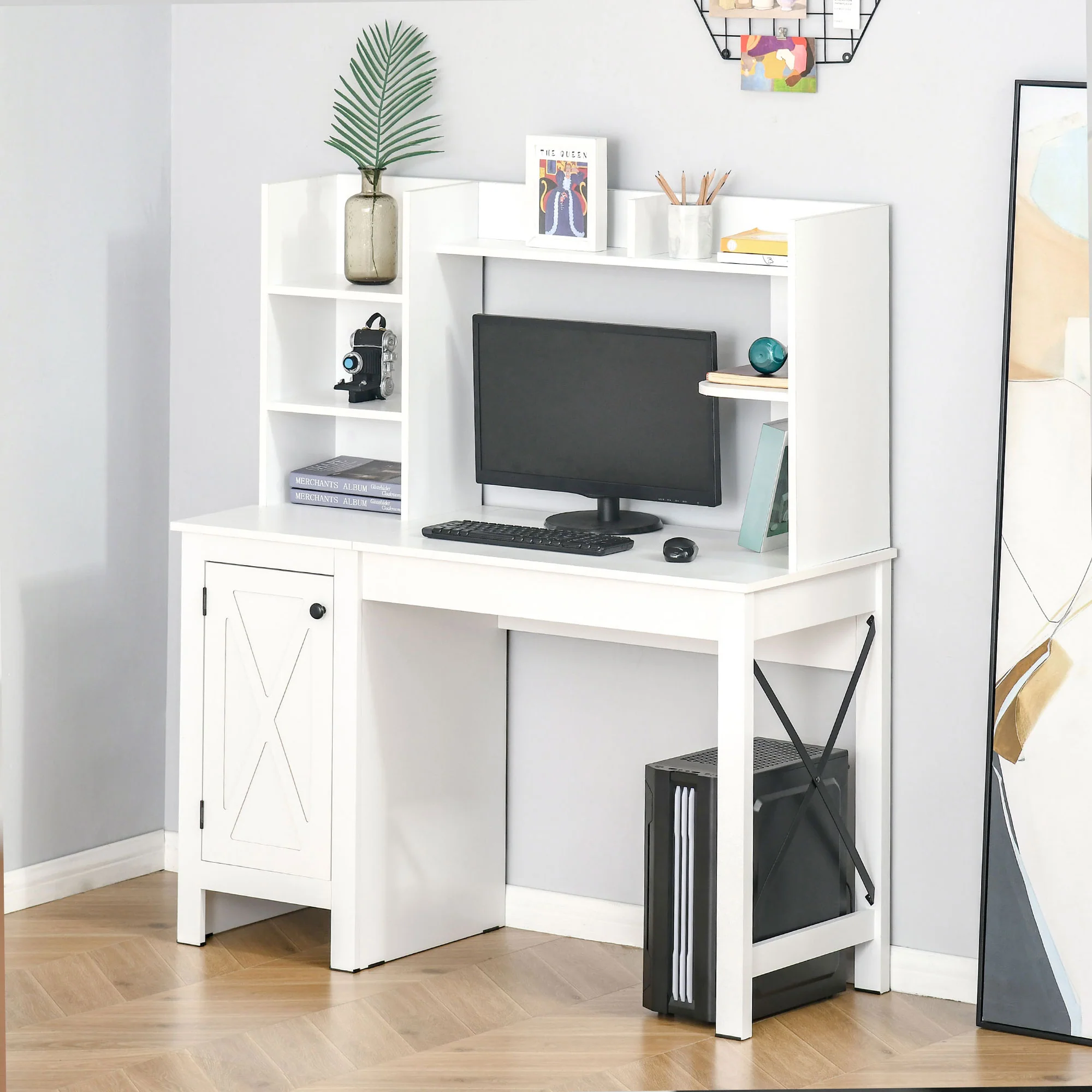 Computer Desk with Hutch Home Office Desk with Storage Cabinet White - Image 3