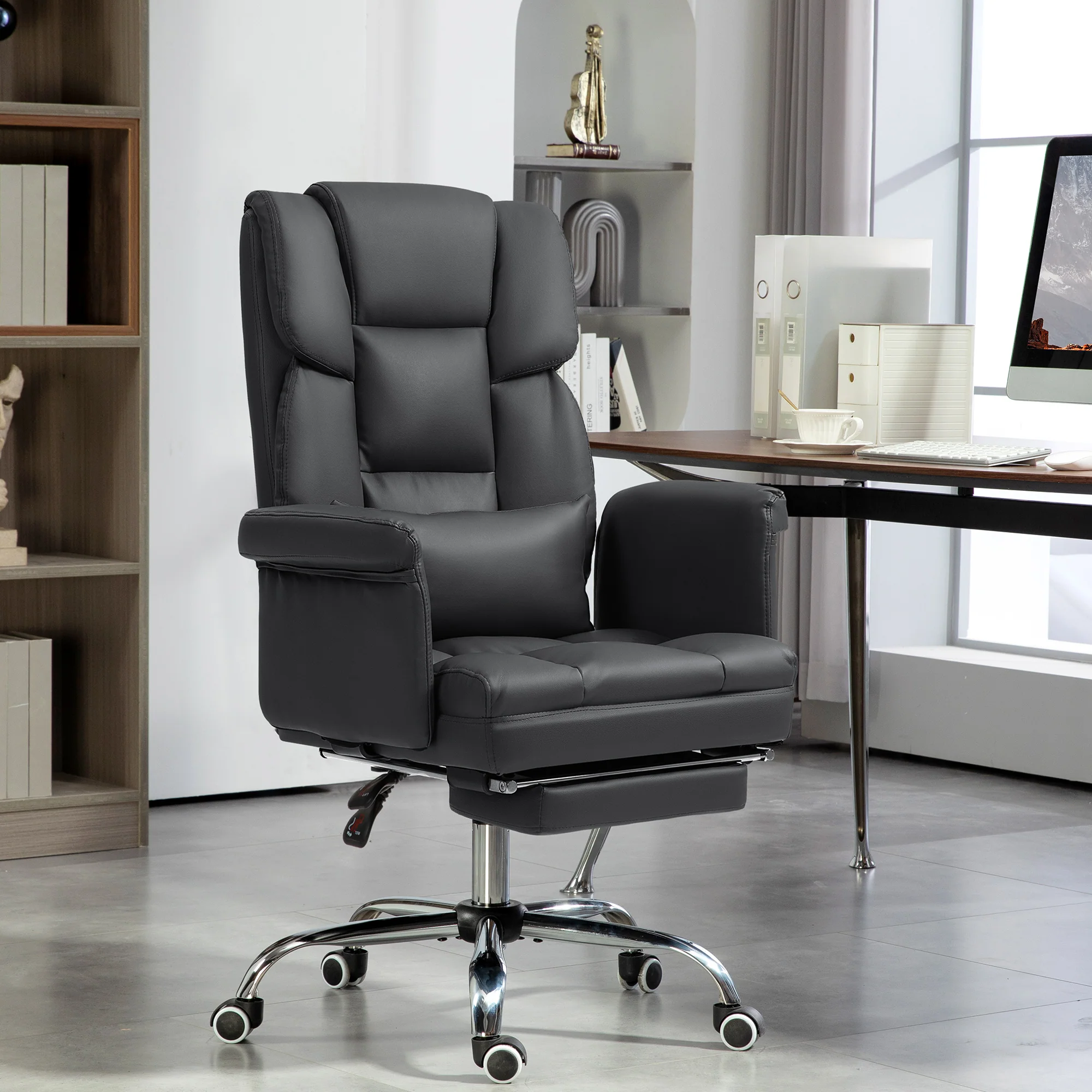 Executive Office Chair w/ Footrest & Lumbar Support, PU Leather Ergonomic Chair, Black - Image 3