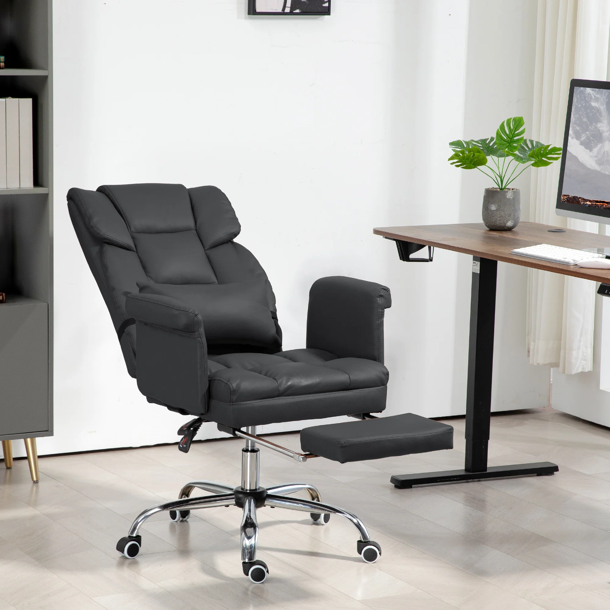 Executive Office Chair w/ Footrest & Lumbar Support, PU Leather Ergonomic Chair, Black - Image 4