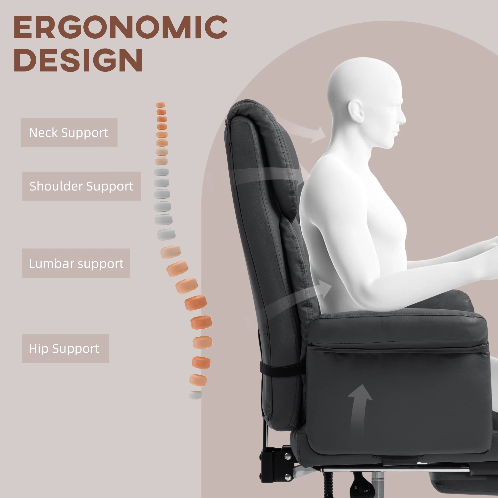 Executive Office Chair w/ Footrest & Lumbar Support, PU Leather Ergonomic Chair, Black - Image 6