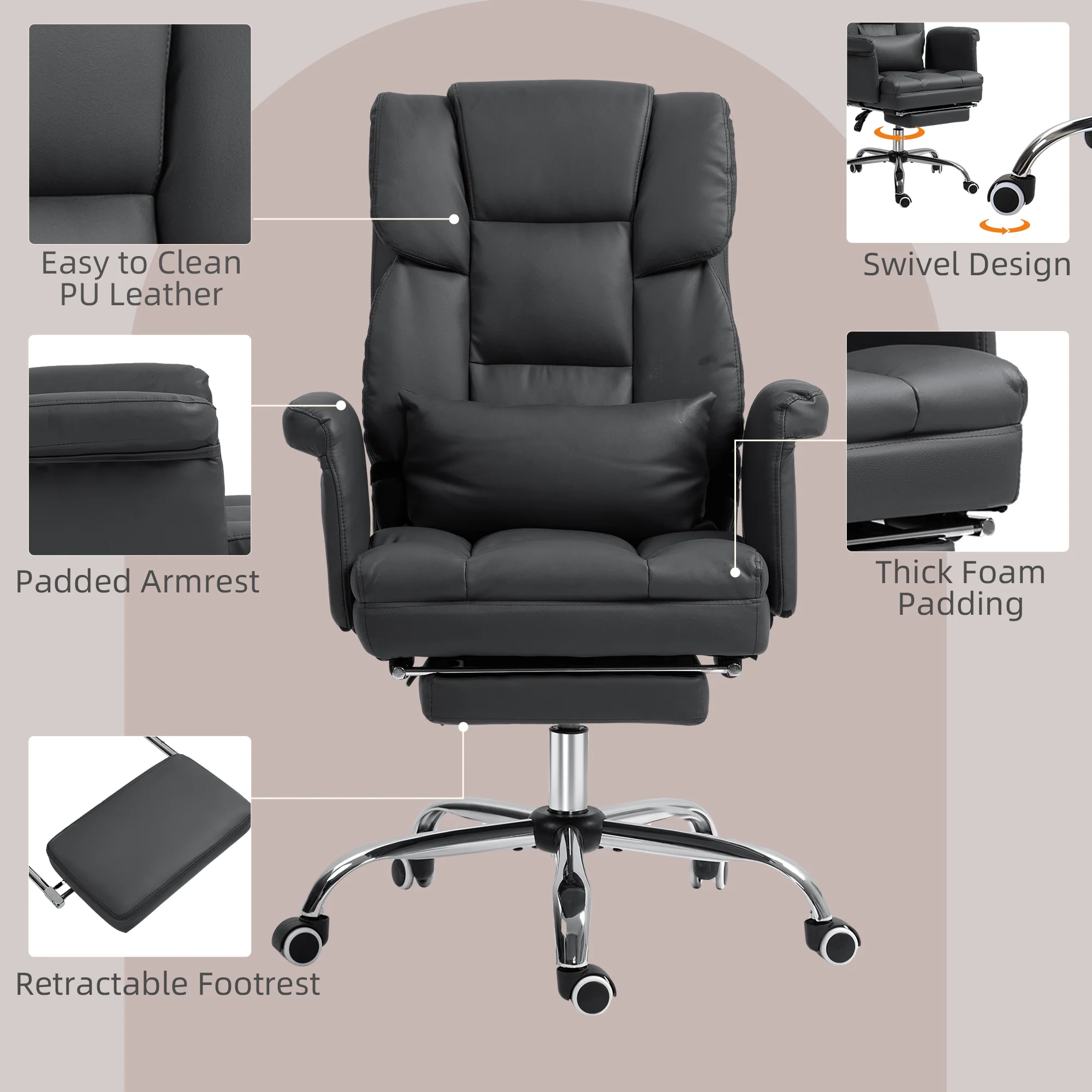 Executive Office Chair w/ Footrest & Lumbar Support, PU Leather Ergonomic Chair, Black - Image 7