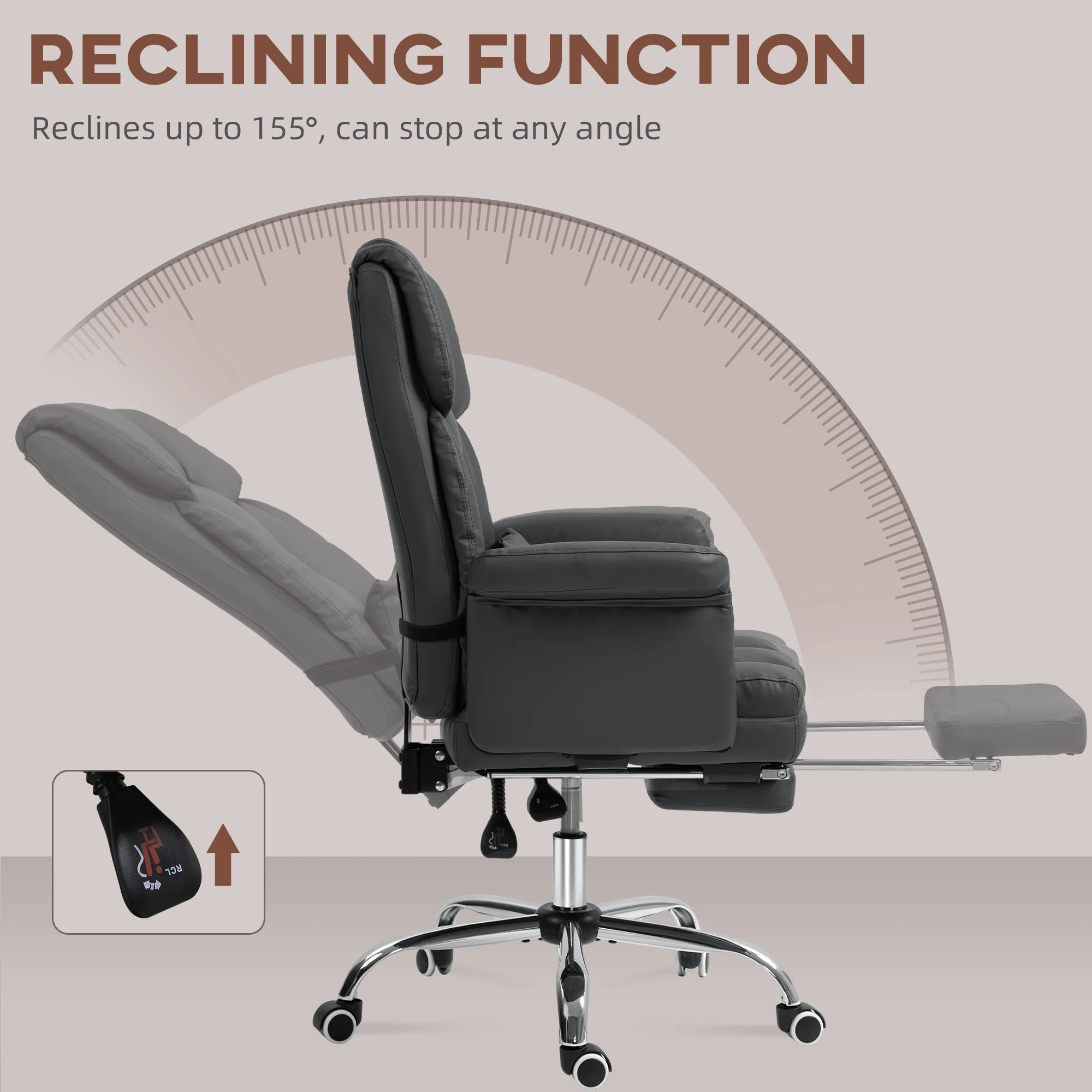 Executive Office Chair w/ Footrest & Lumbar Support, PU Leather Ergonomic Chair, Black - Image 8