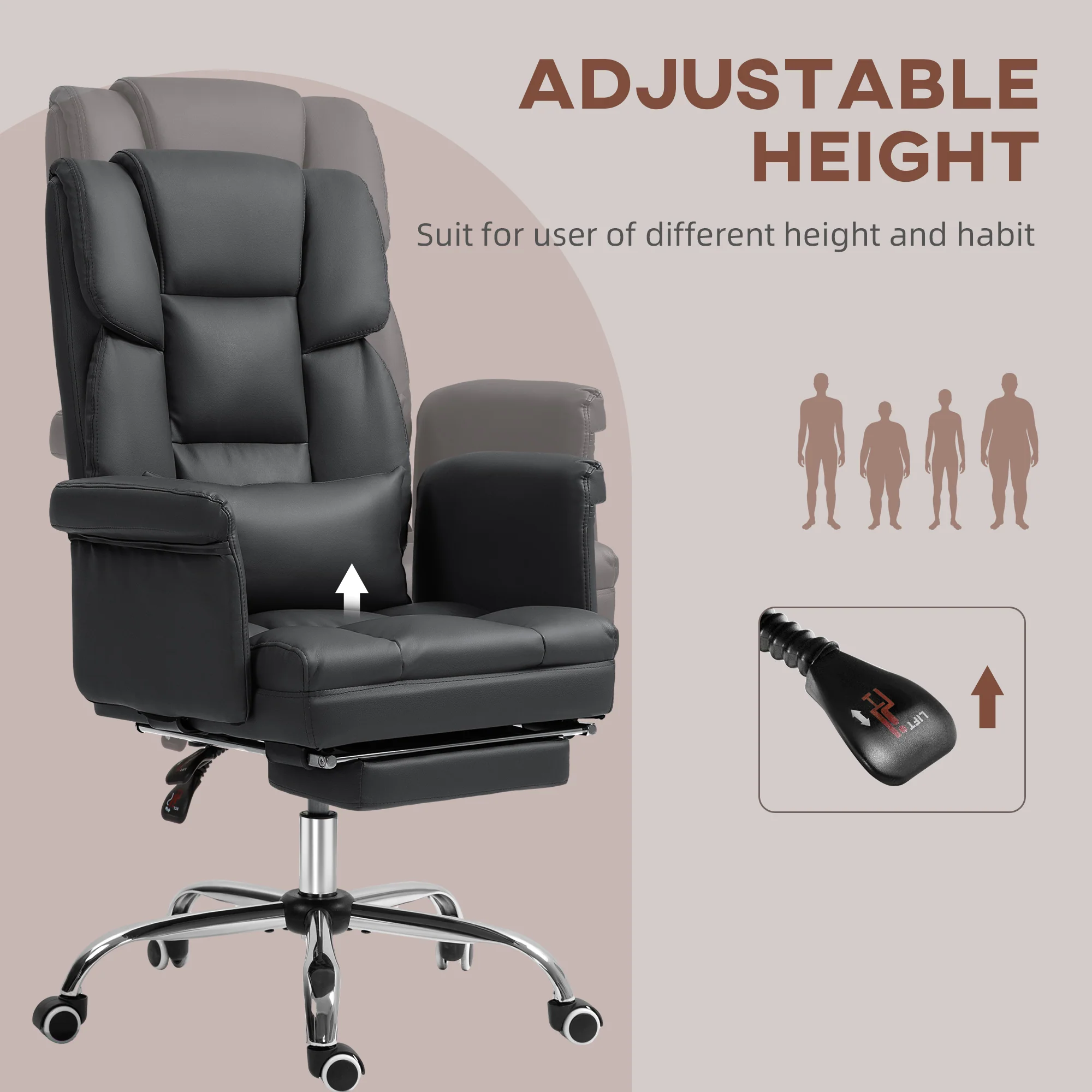 Executive Office Chair w/ Footrest & Lumbar Support, PU Leather Ergonomic Chair, Black - Image 9