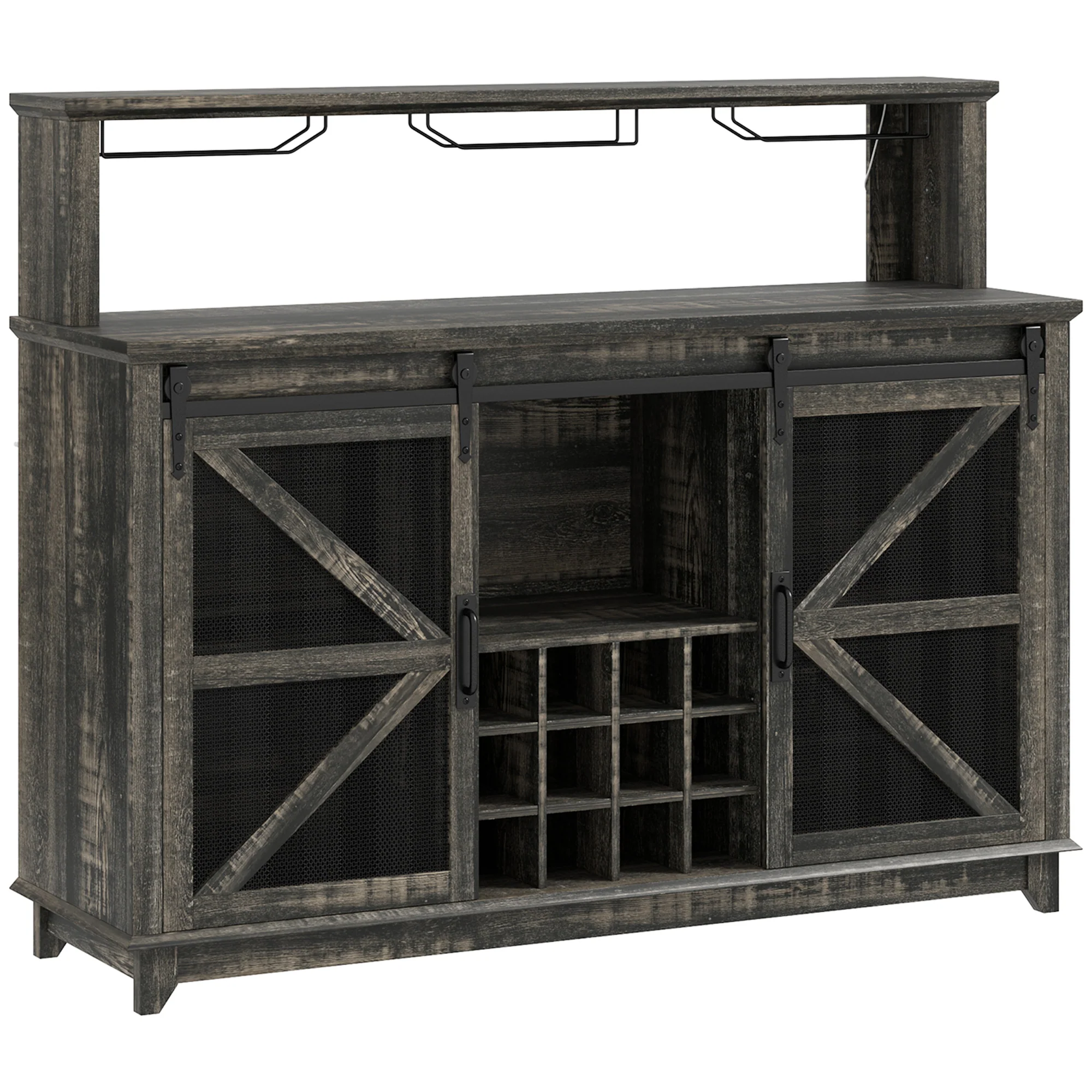 55" Coffee Bar Cabinet with Lights, Farmhouse Wine Cabinet with Glass Racks,  Dark Brown - Image 12
