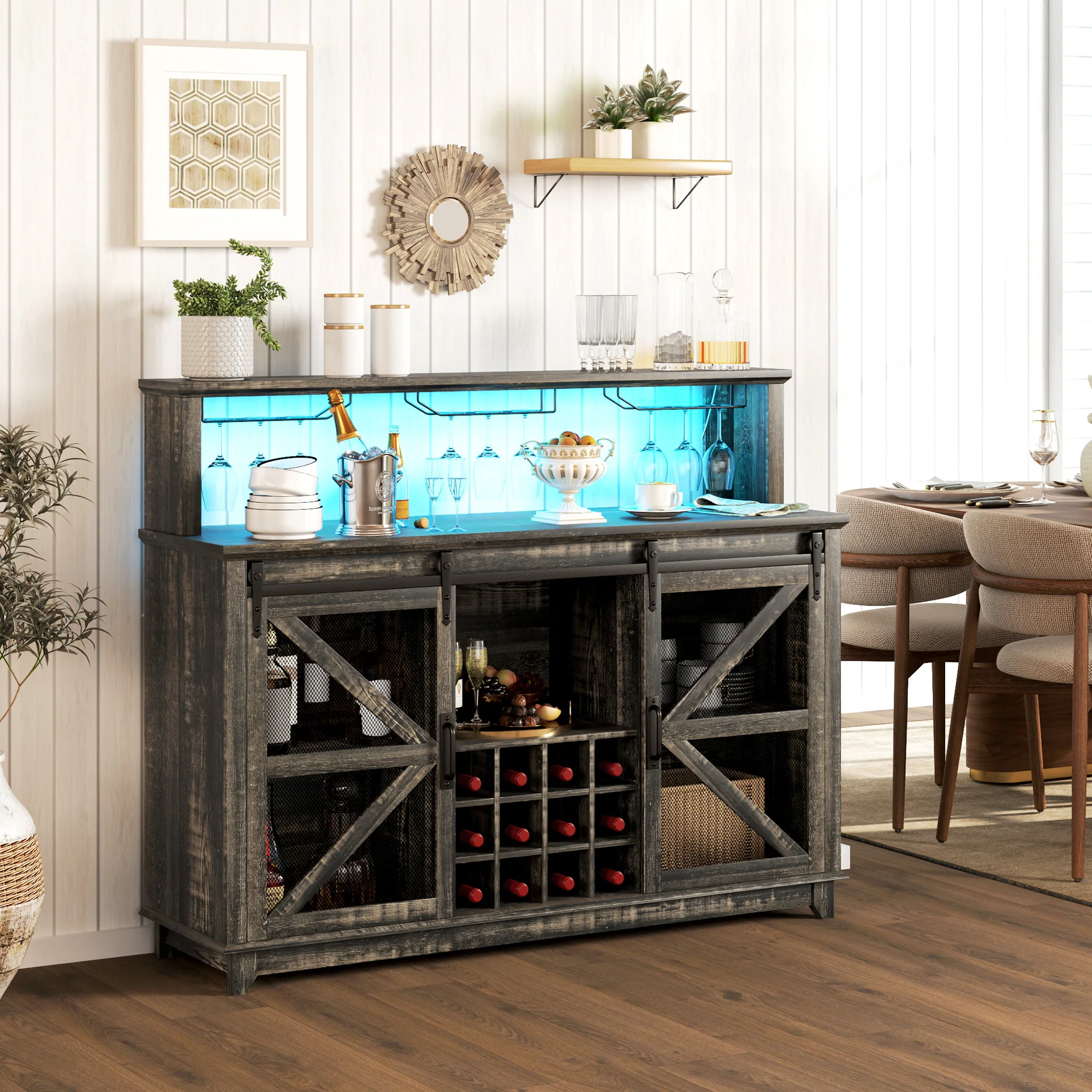 55" Coffee Bar Cabinet with Lights, Farmhouse Wine Cabinet with Glass Racks,  Dark Brown - Image 3