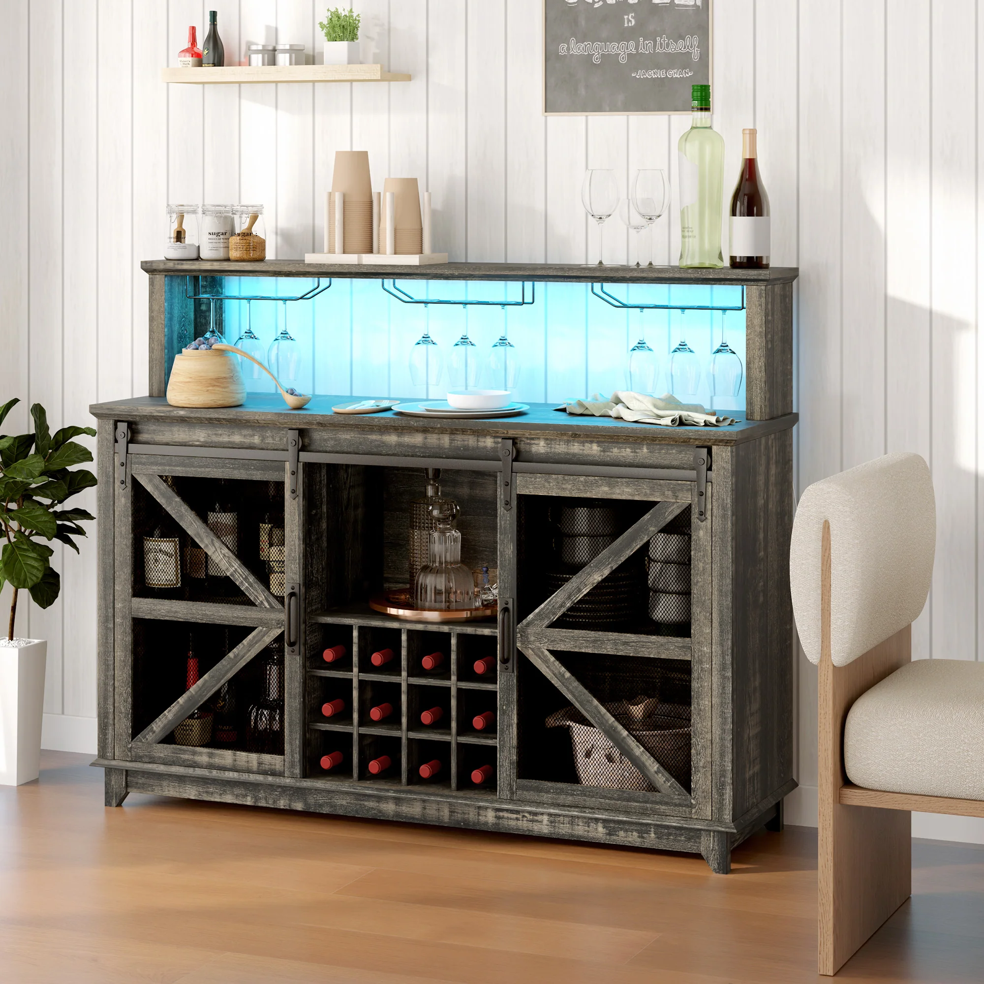55" Coffee Bar Cabinet with Lights, Farmhouse Wine Cabinet with Glass Racks,  Dark Brown - Image 4