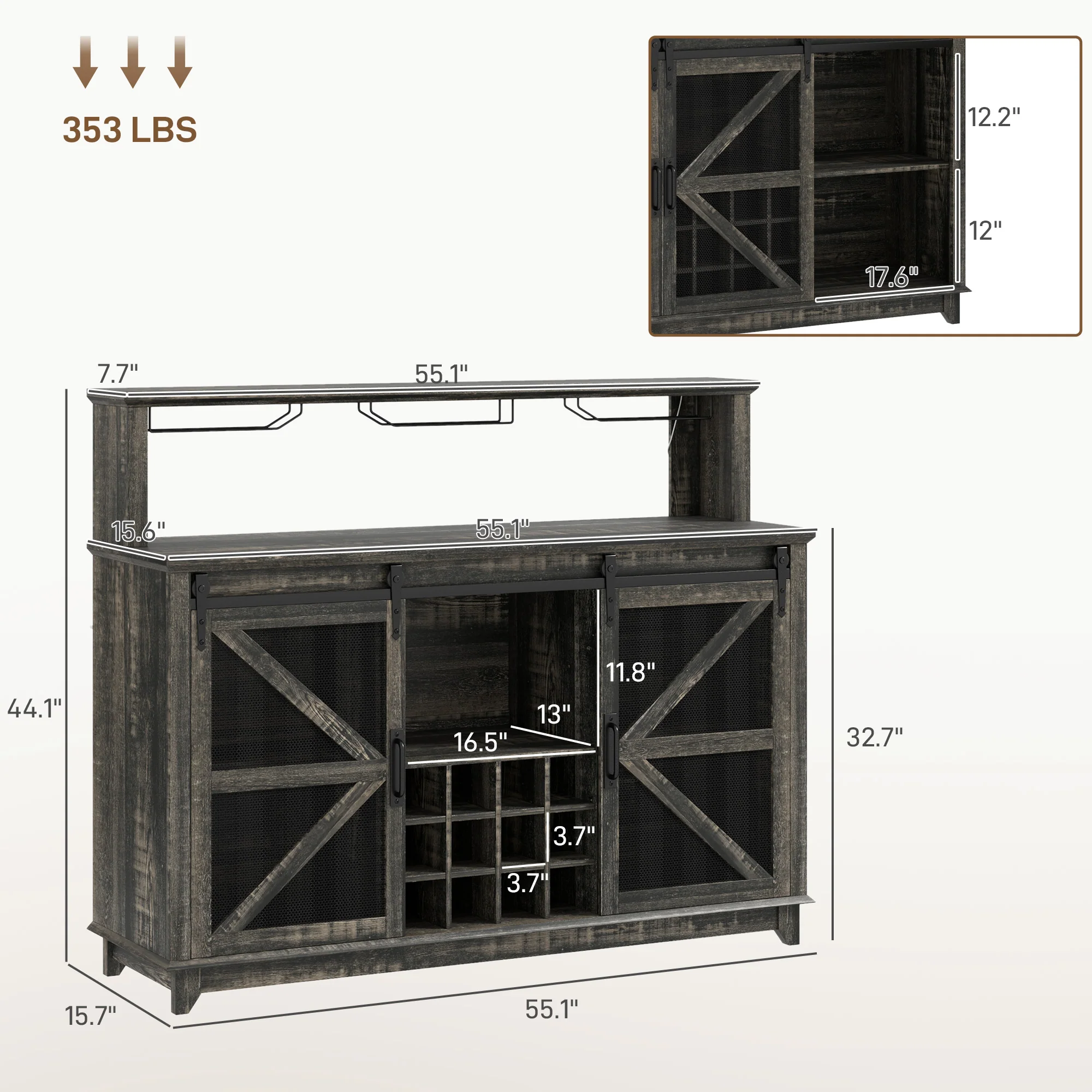 55" Coffee Bar Cabinet with Lights, Farmhouse Wine Cabinet with Glass Racks,  Dark Brown - Image 5