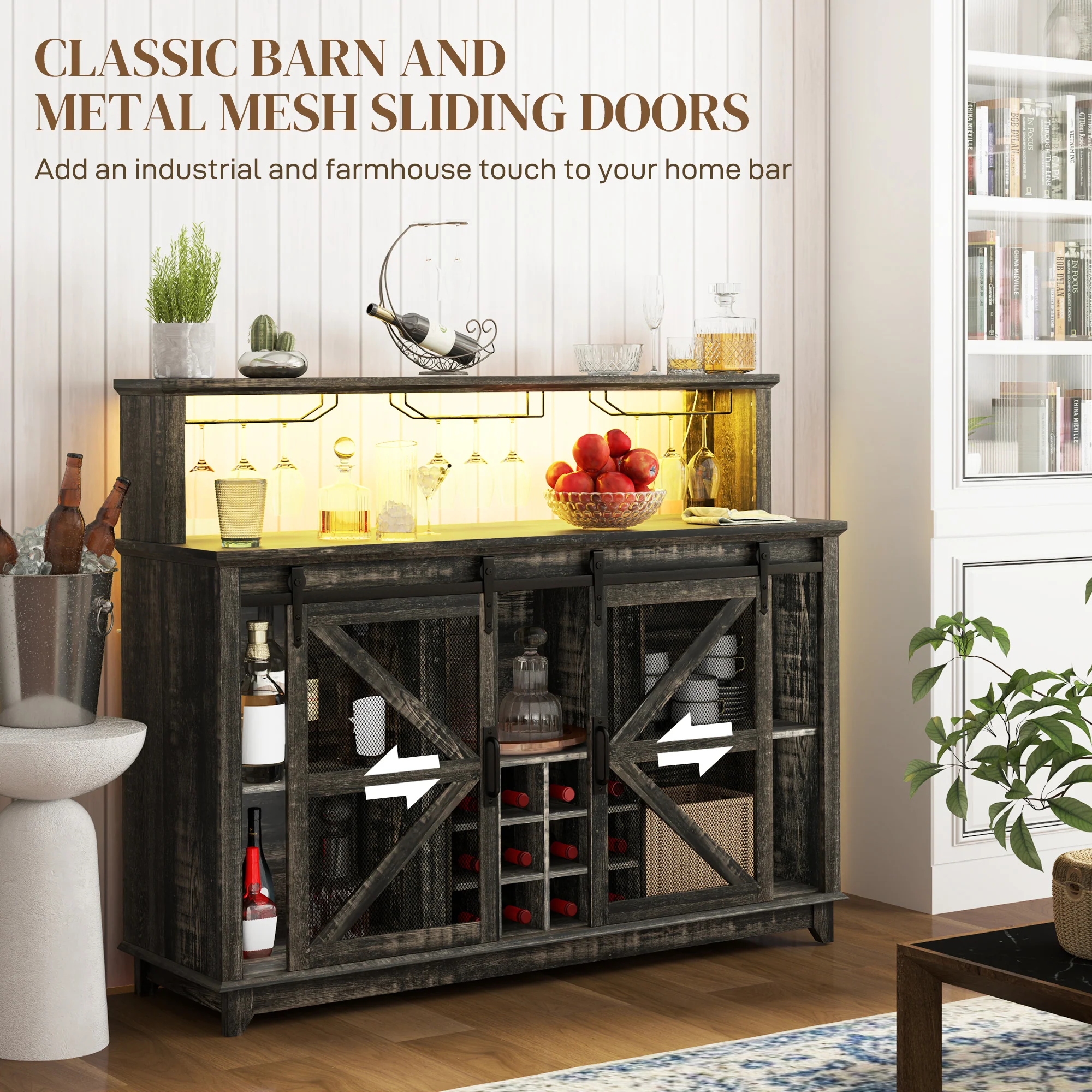 55" Coffee Bar Cabinet with Lights, Farmhouse Wine Cabinet with Glass Racks,  Dark Brown - Image 7