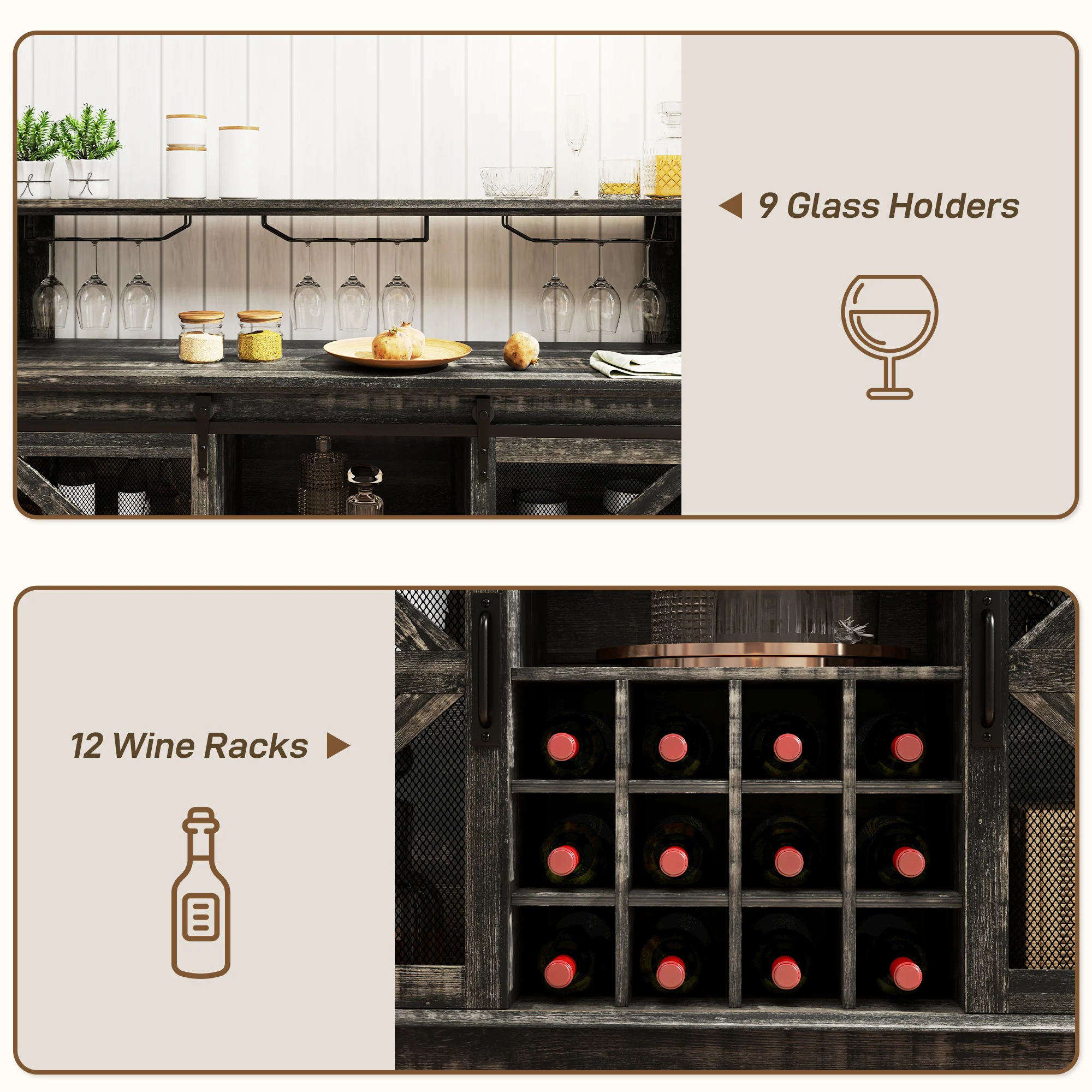 55" Coffee Bar Cabinet with Lights, Farmhouse Wine Cabinet with Glass Racks,  Dark Brown - Image 8