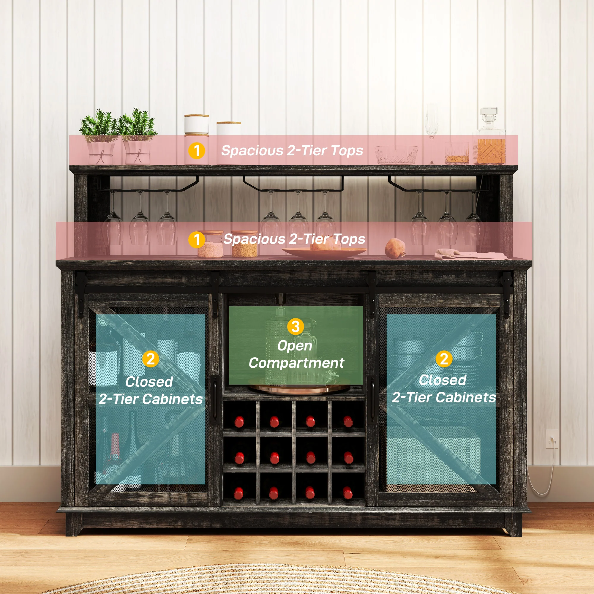 55" Coffee Bar Cabinet with Lights, Farmhouse Wine Cabinet with Glass Racks,  Dark Brown - Image 9