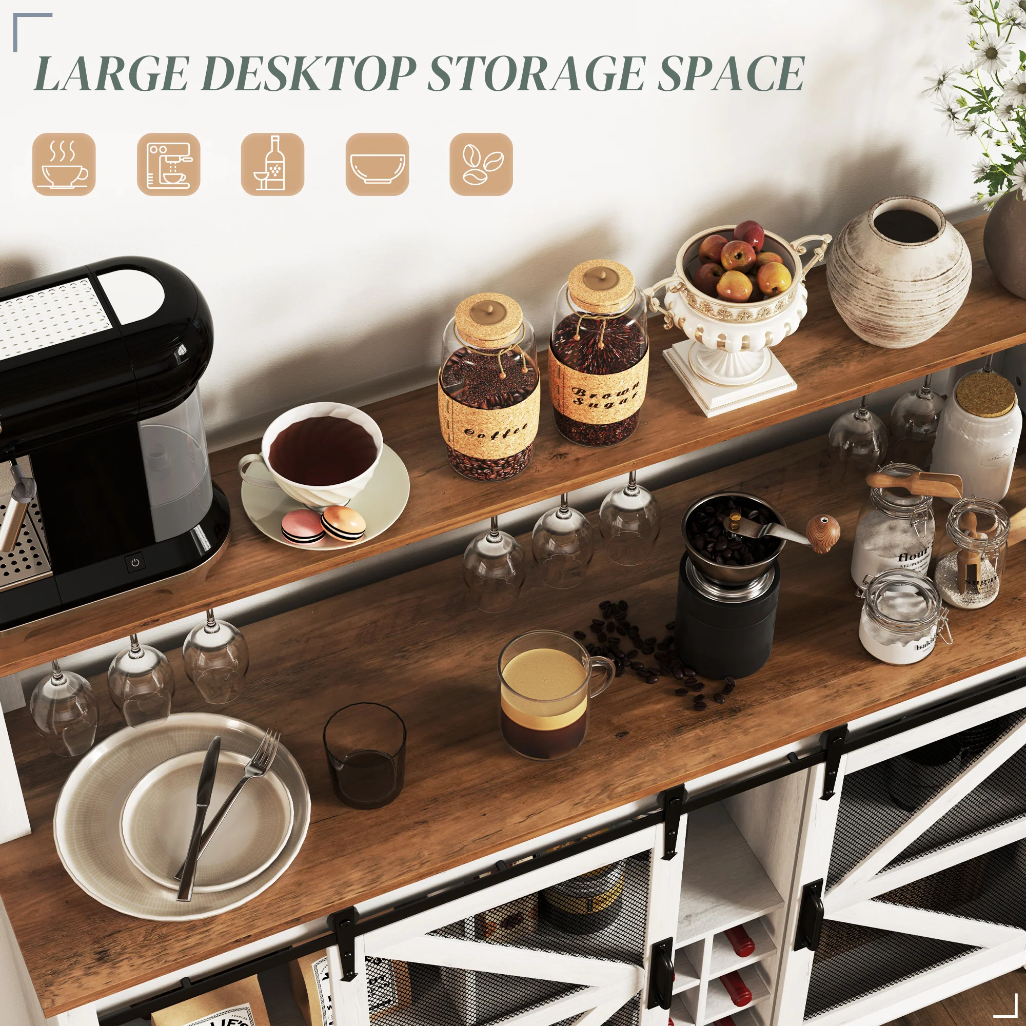 55" Coffee Bar Cabinet with Lights, Farmhouse Wine Cabinet with Glass Racks, White - Image 10