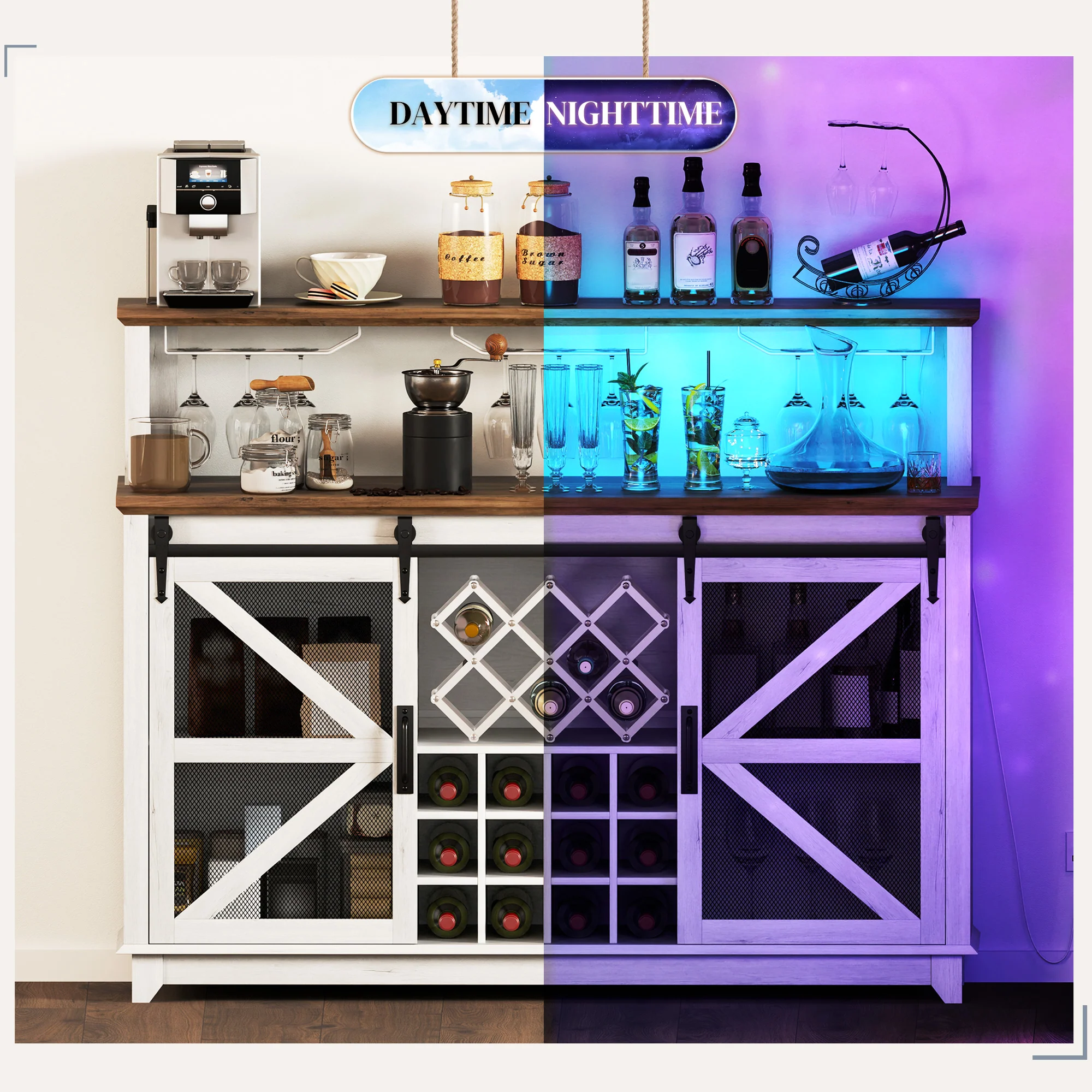55" Coffee Bar Cabinet with Lights, Farmhouse Wine Cabinet with Glass Racks, White - Image 11