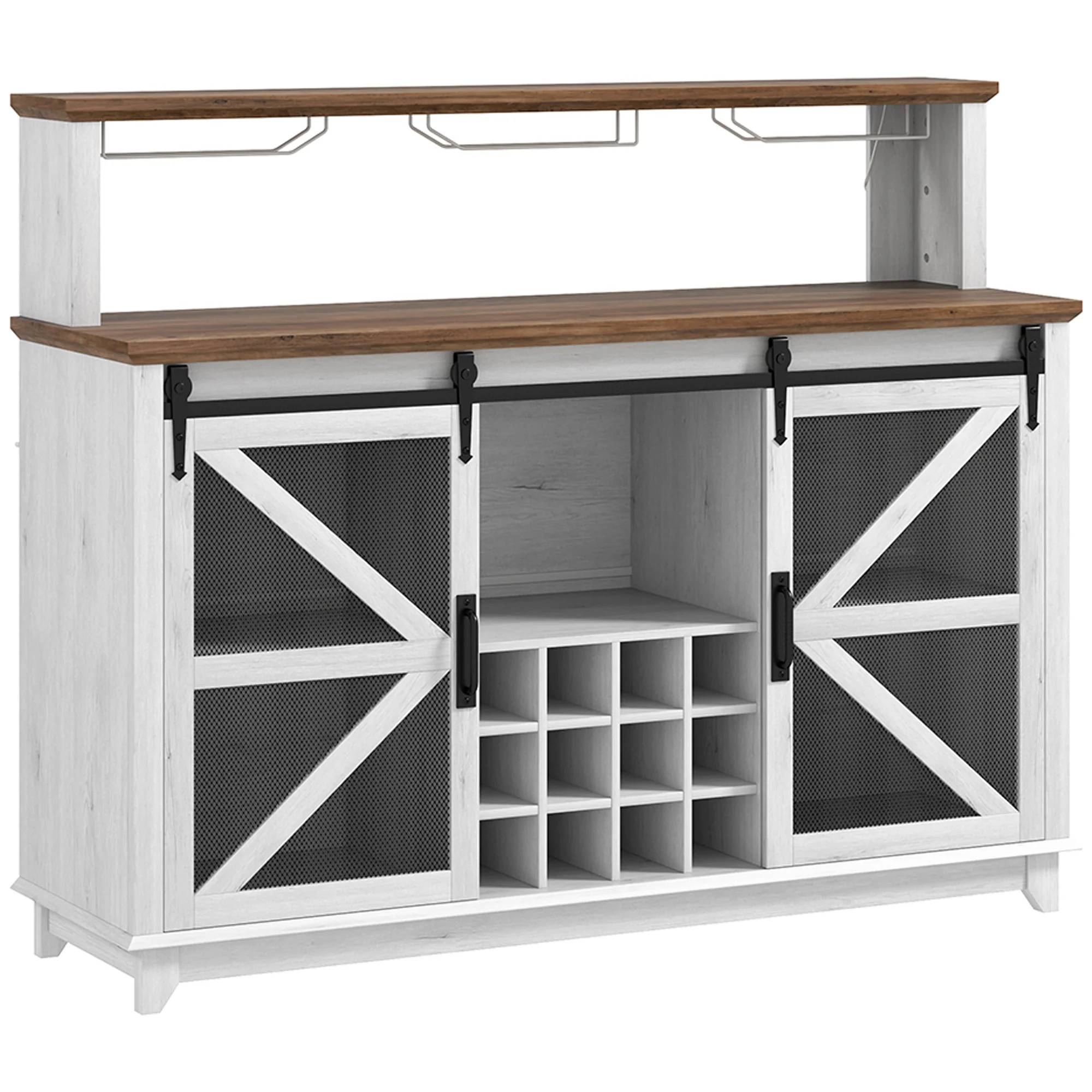 55" Coffee Bar Cabinet with Lights, Farmhouse Wine Cabinet with Glass Racks, White - Image 12