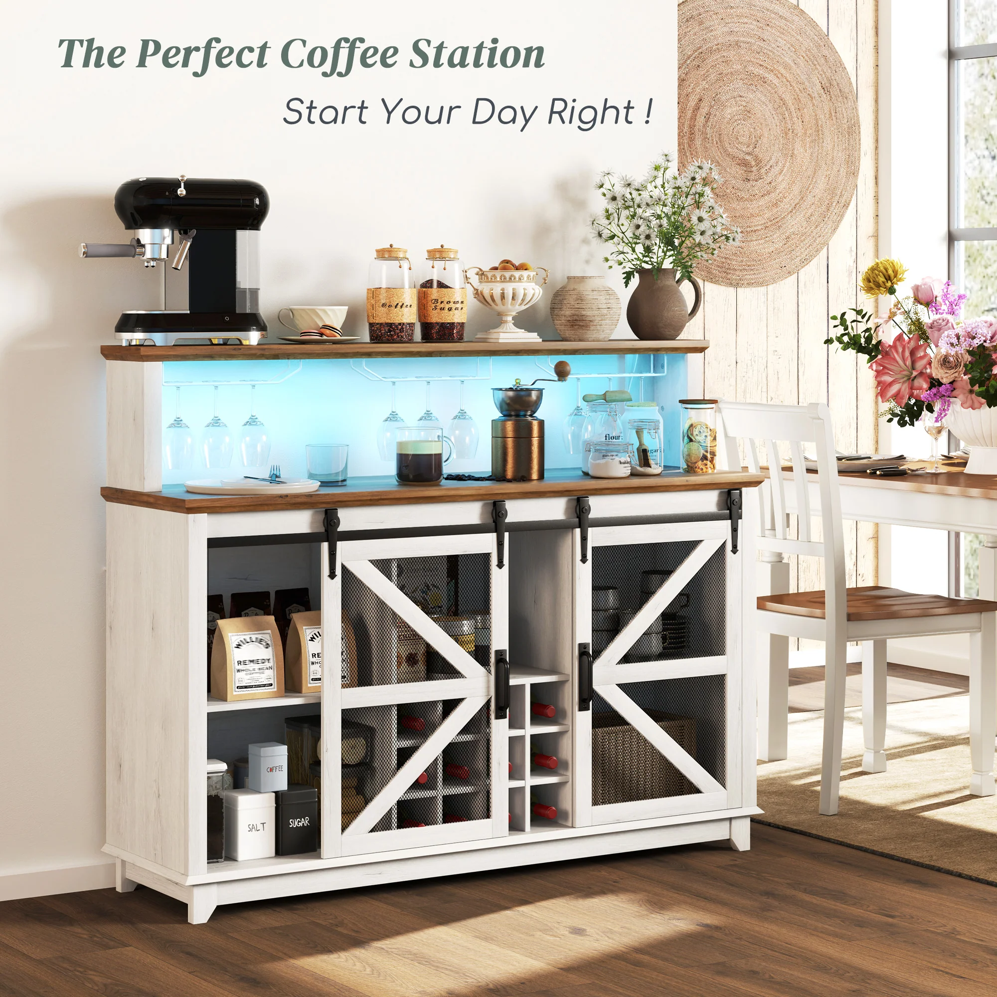 55" Coffee Bar Cabinet with Lights, Farmhouse Wine Cabinet with Glass Racks, White - Image 3