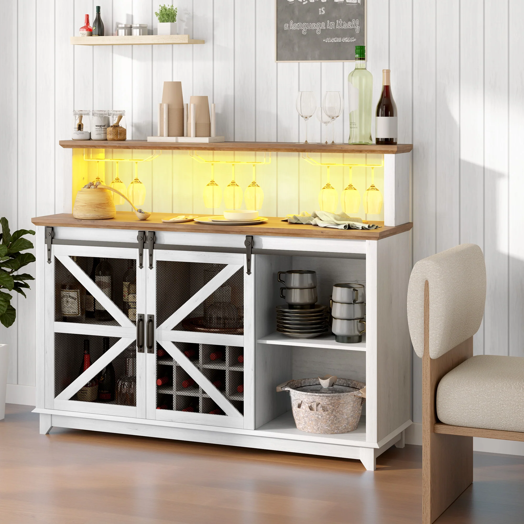 55" Coffee Bar Cabinet with Lights, Farmhouse Wine Cabinet with Glass Racks, White - Image 4