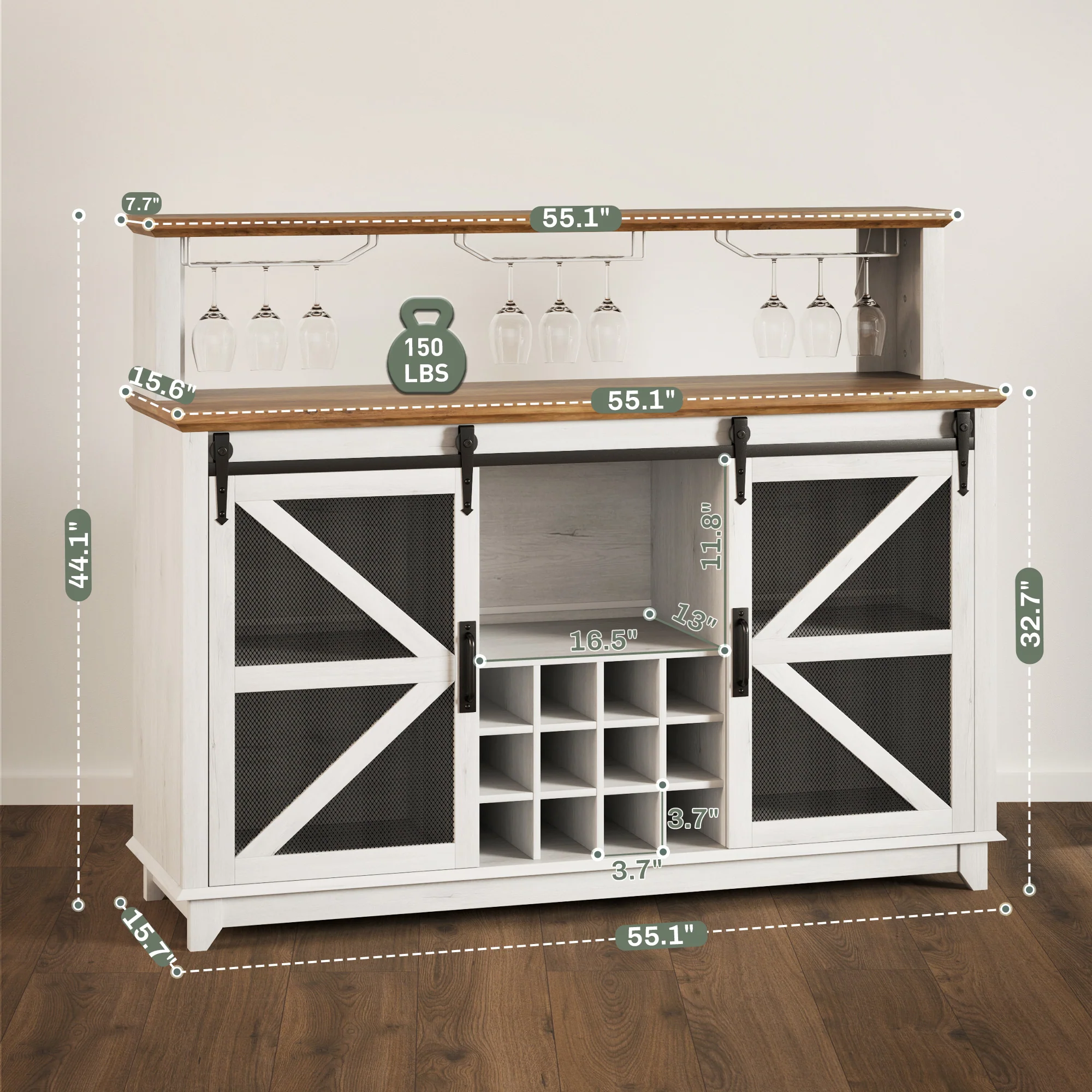 55" Coffee Bar Cabinet with Lights, Farmhouse Wine Cabinet with Glass Racks, White - Image 5