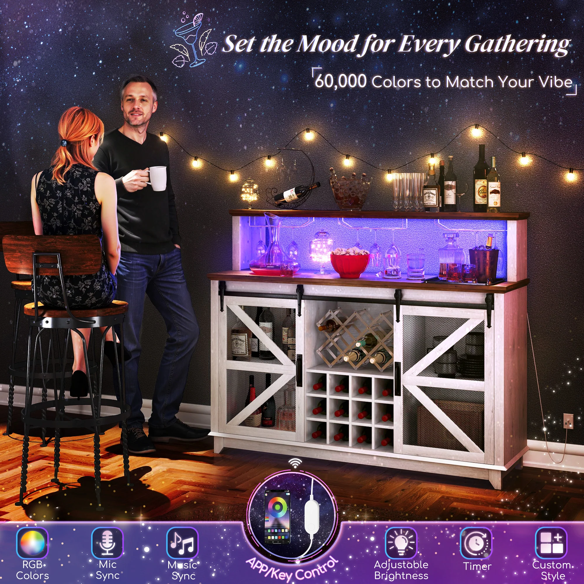 55" Coffee Bar Cabinet with Lights, Farmhouse Wine Cabinet with Glass Racks, White - Image 6