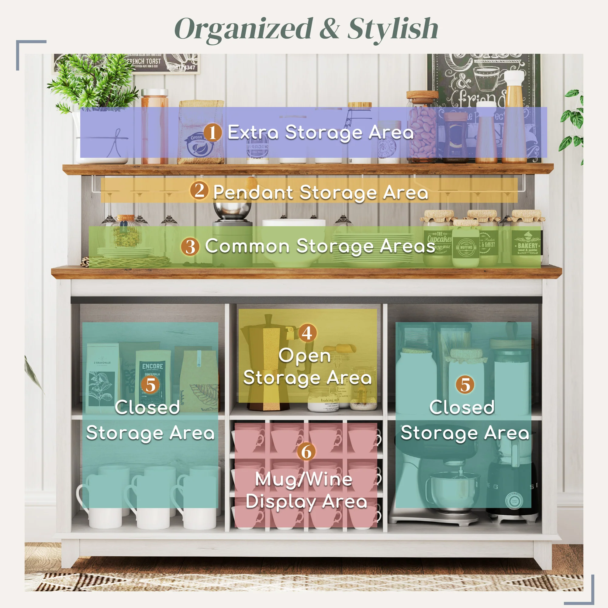 55" Coffee Bar Cabinet with Lights, Farmhouse Wine Cabinet with Glass Racks, White - Image 7