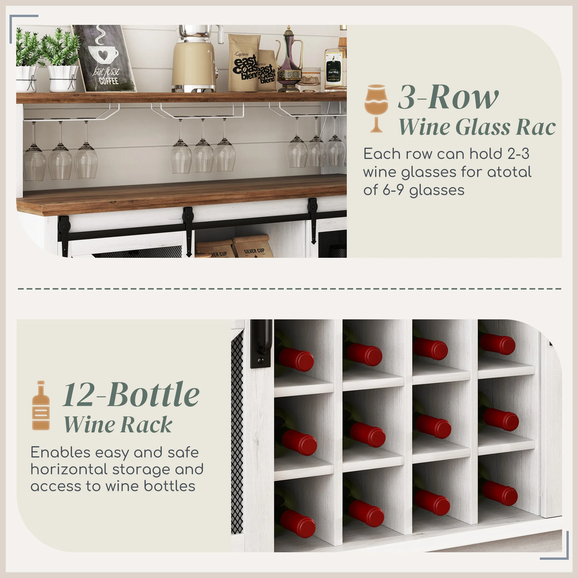 55" Coffee Bar Cabinet with Lights, Farmhouse Wine Cabinet with Glass Racks, White - Image 8