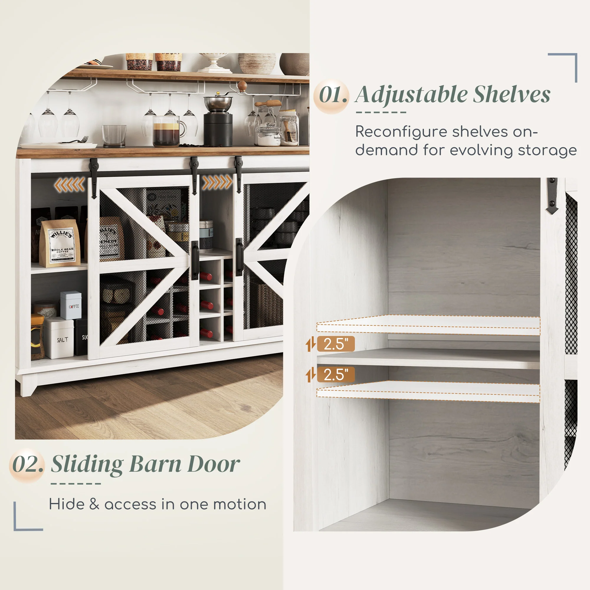 55" Coffee Bar Cabinet with Lights, Farmhouse Wine Cabinet with Glass Racks, White - Image 9