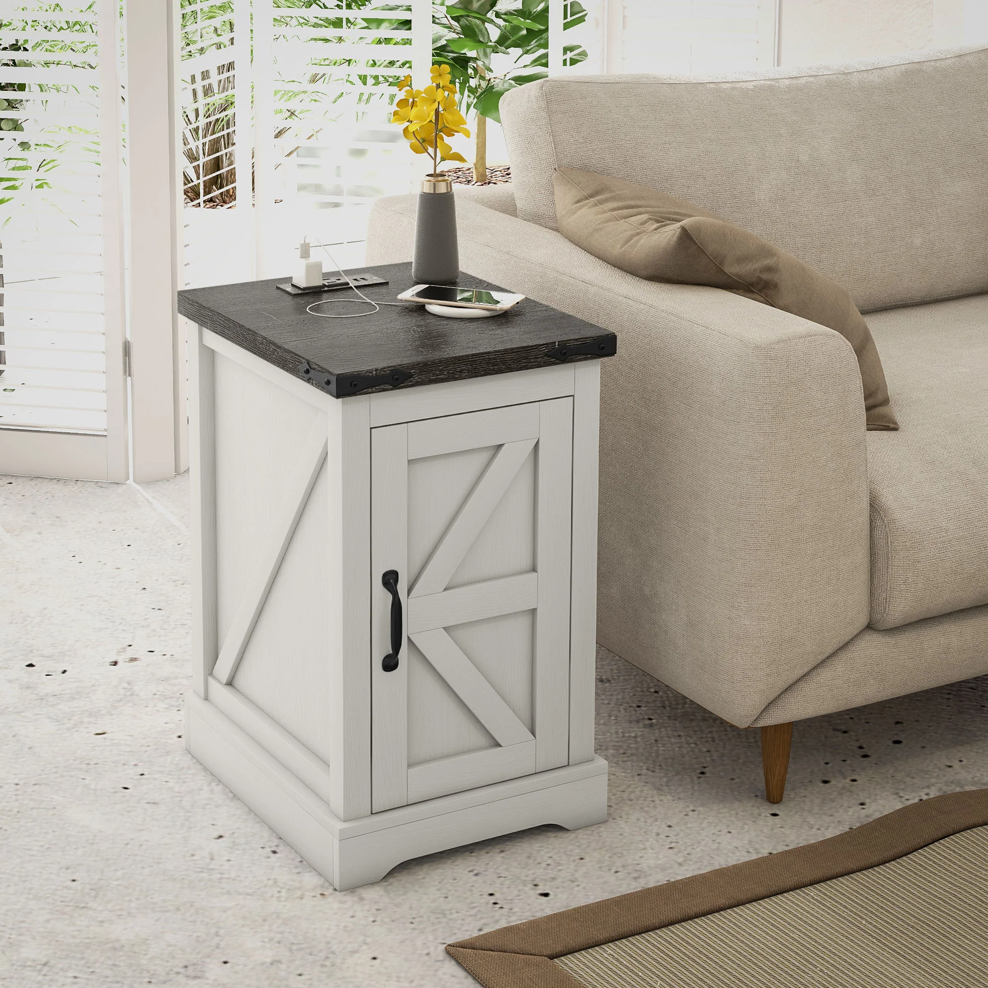 Farmhouse Storage End Table, Side Table w/ Charging Station & USB Ports, White - Image 3