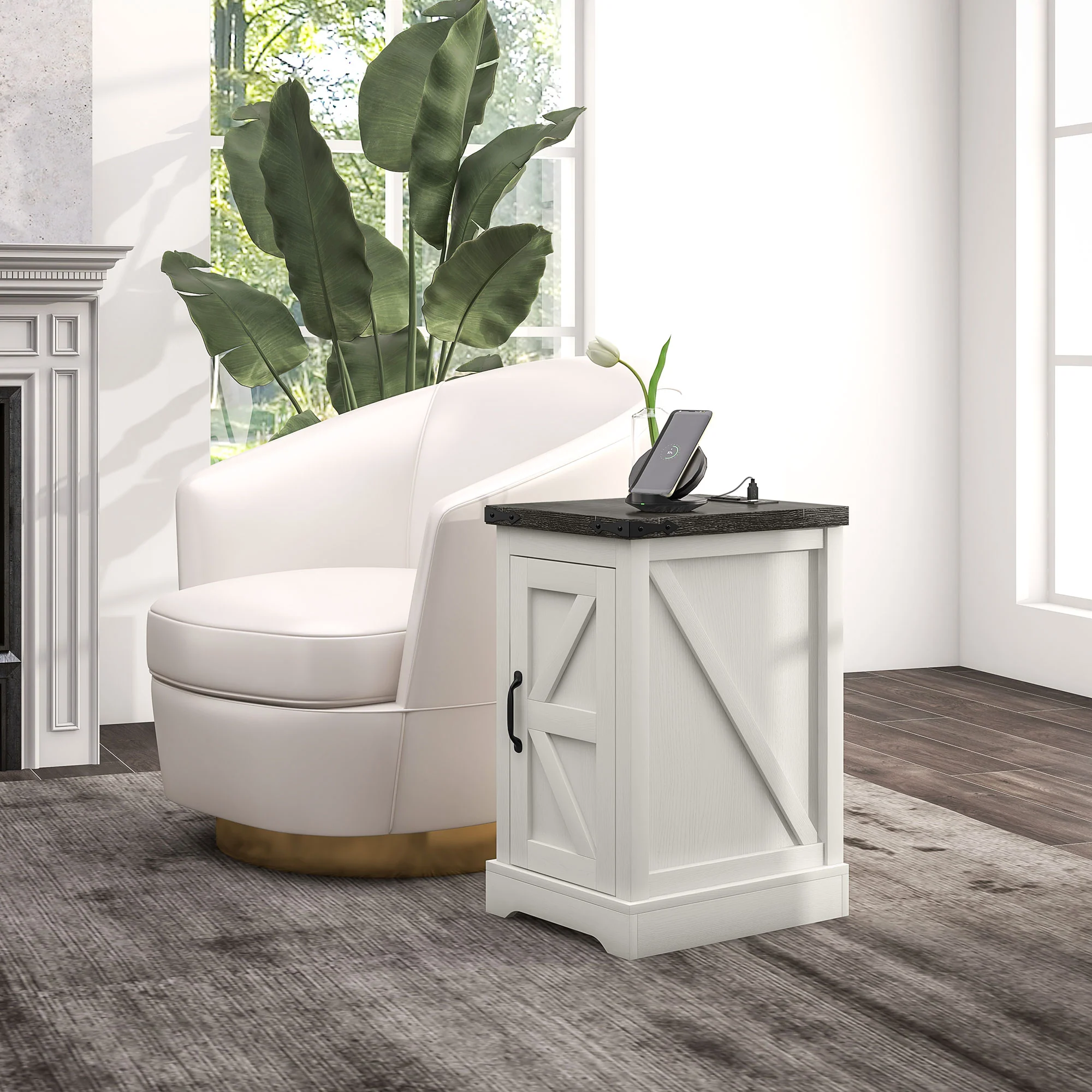 Farmhouse Storage End Table, Side Table w/ Charging Station & USB Ports, White - Image 4