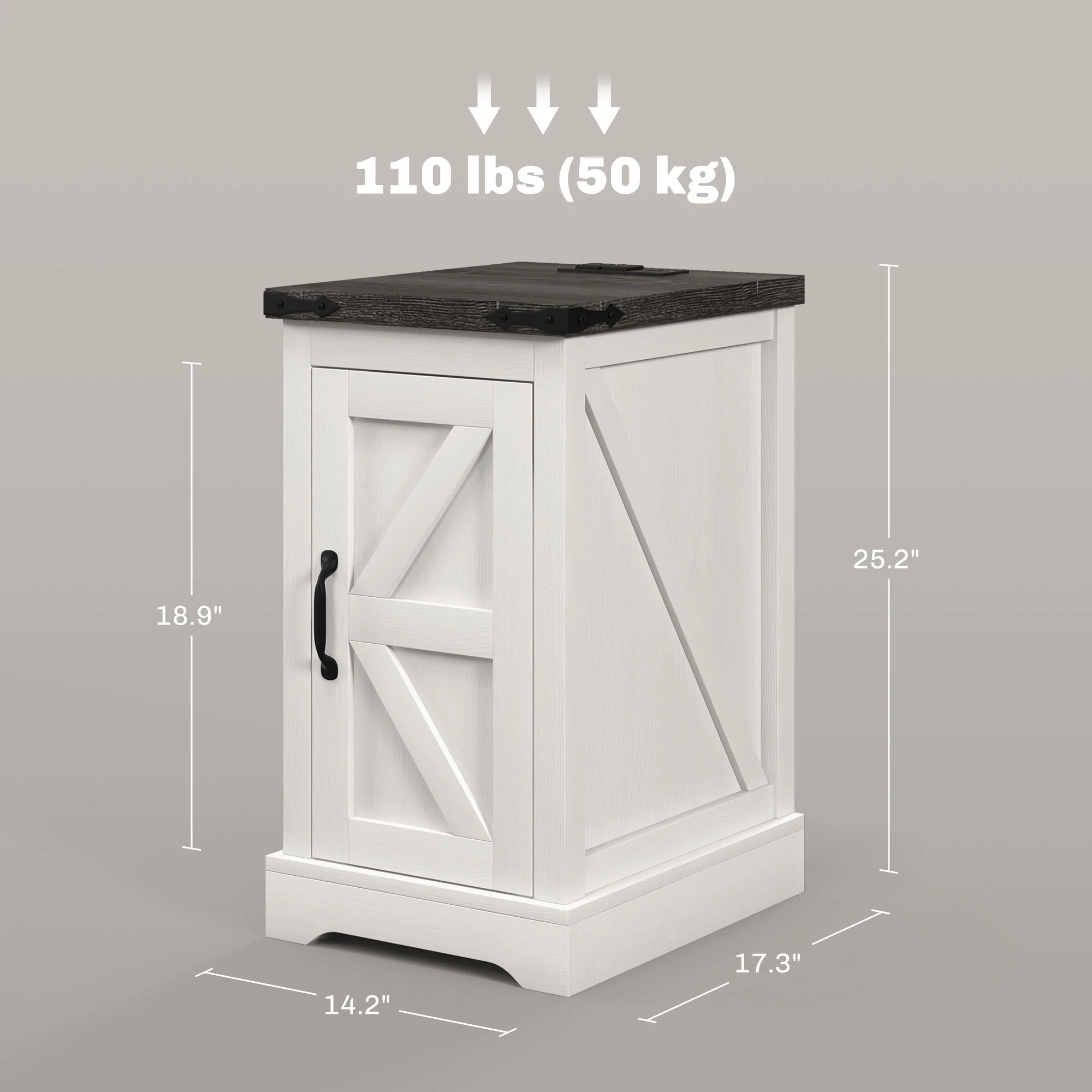 Farmhouse Storage End Table, Side Table w/ Charging Station & USB Ports, White - Image 5