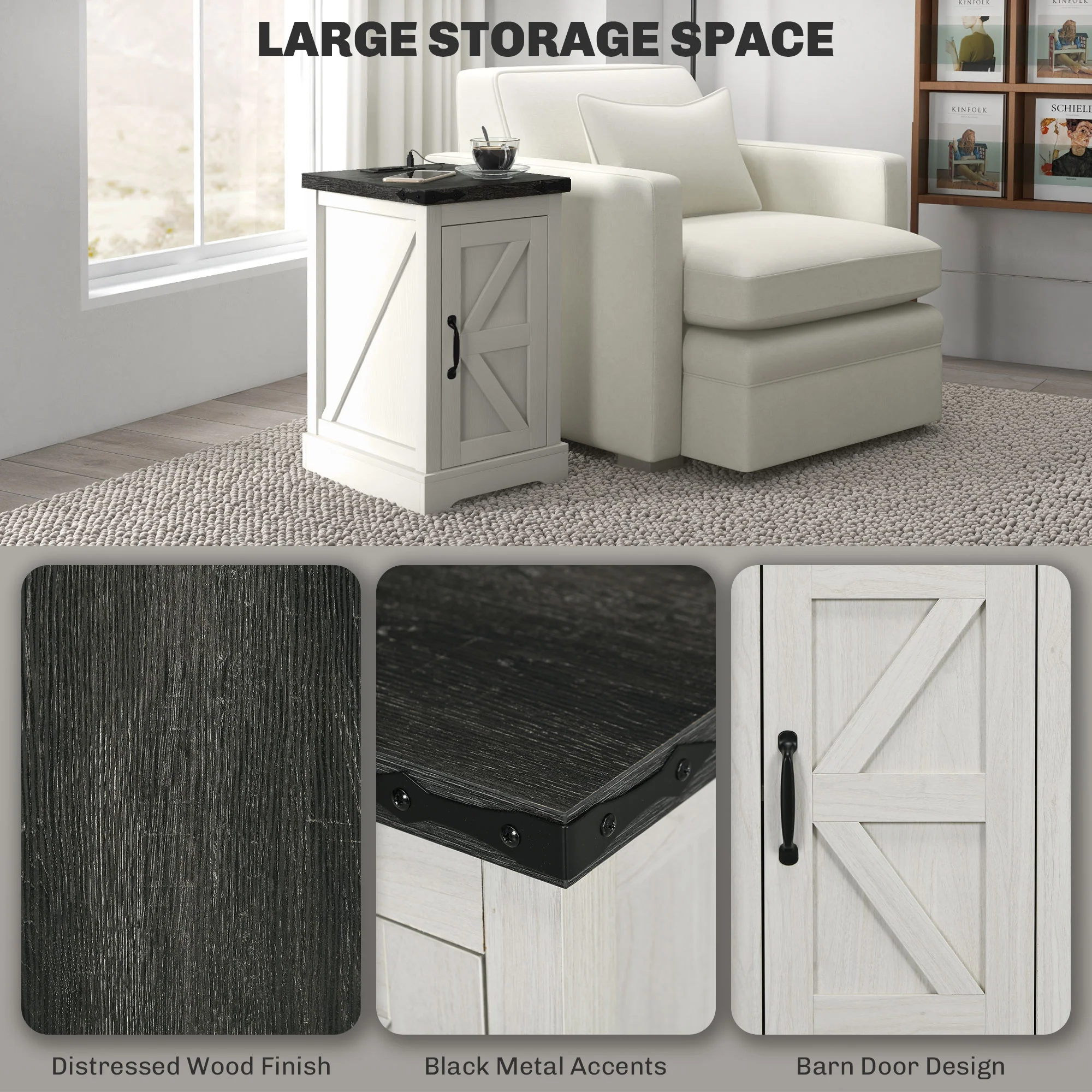 Farmhouse Storage End Table, Side Table w/ Charging Station & USB Ports, White - Image 7