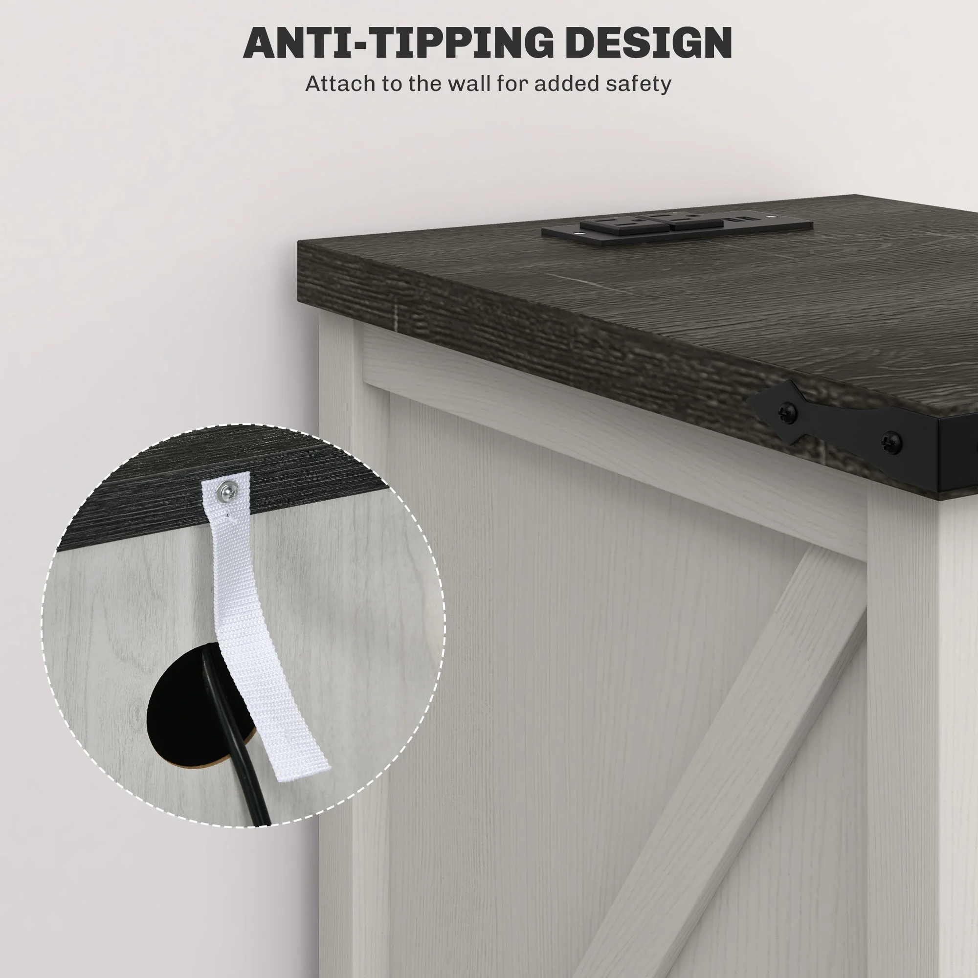 Farmhouse Storage End Table, Side Table w/ Charging Station & USB Ports, White - Image 8