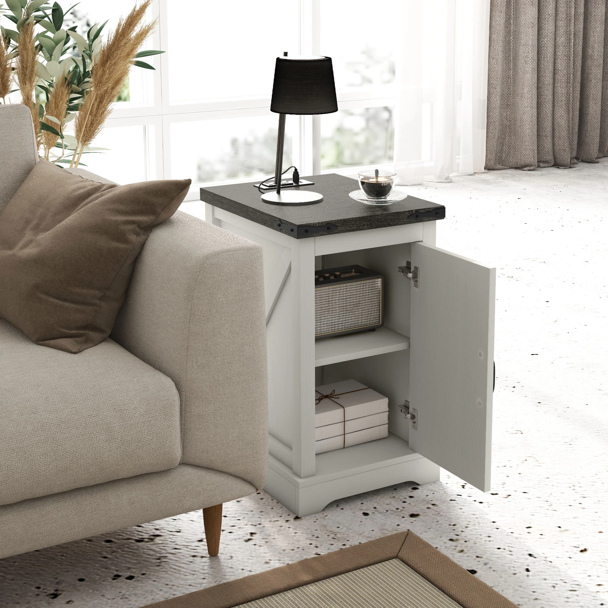 Farmhouse Storage End Table, Side Table w/ Charging Station & USB Ports, White - Image 9
