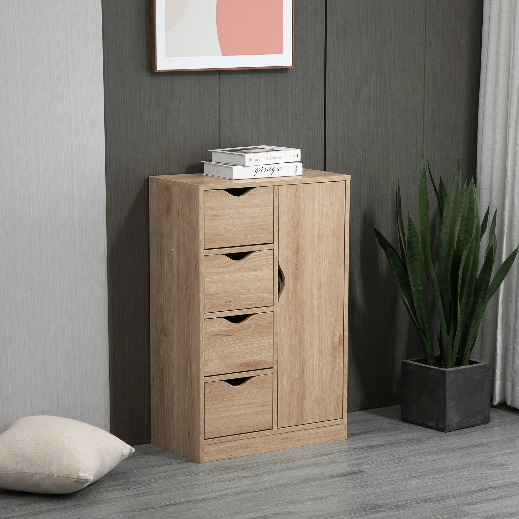 Freestanding Storage Cabinet Bathroom Floor Cabinet with 4 Drawers and Door Oak - Image 3