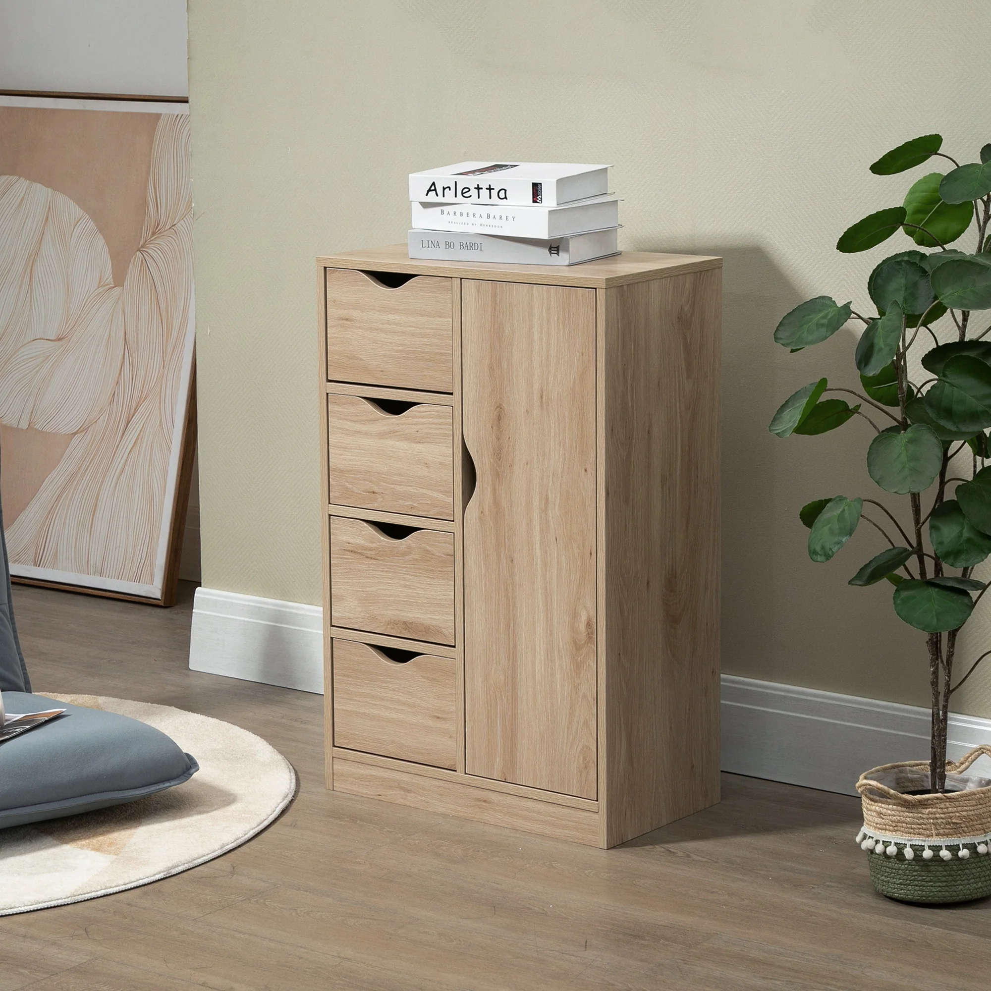Freestanding Storage Cabinet Bathroom Floor Cabinet with 4 Drawers and Door Oak - Image 4
