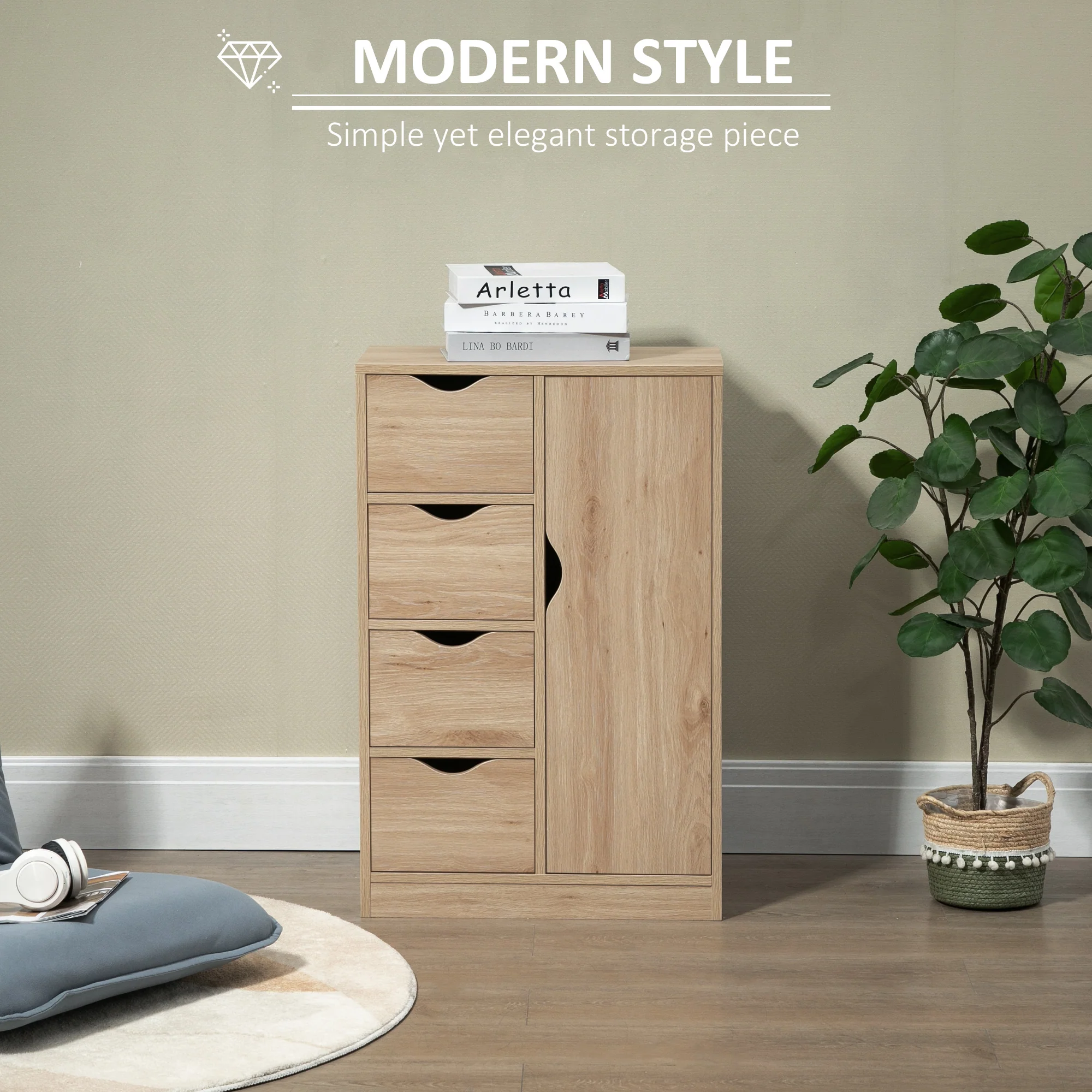 Freestanding Storage Cabinet Bathroom Floor Cabinet with 4 Drawers and Door Oak - Image 6