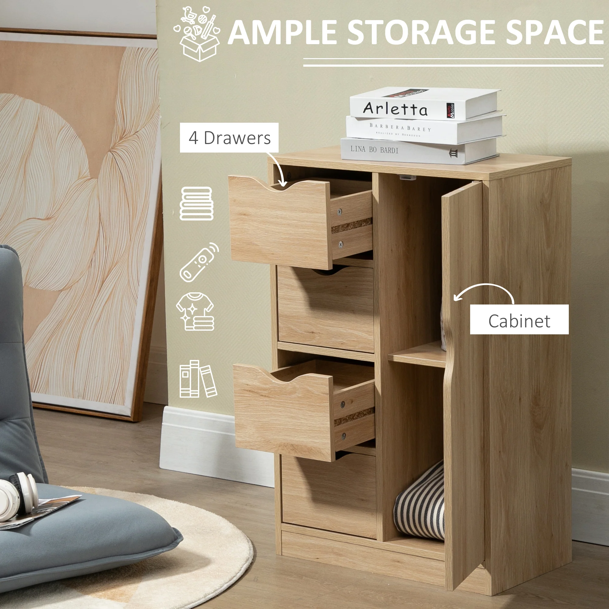 Freestanding Storage Cabinet Bathroom Floor Cabinet with 4 Drawers and Door Oak - Image 7