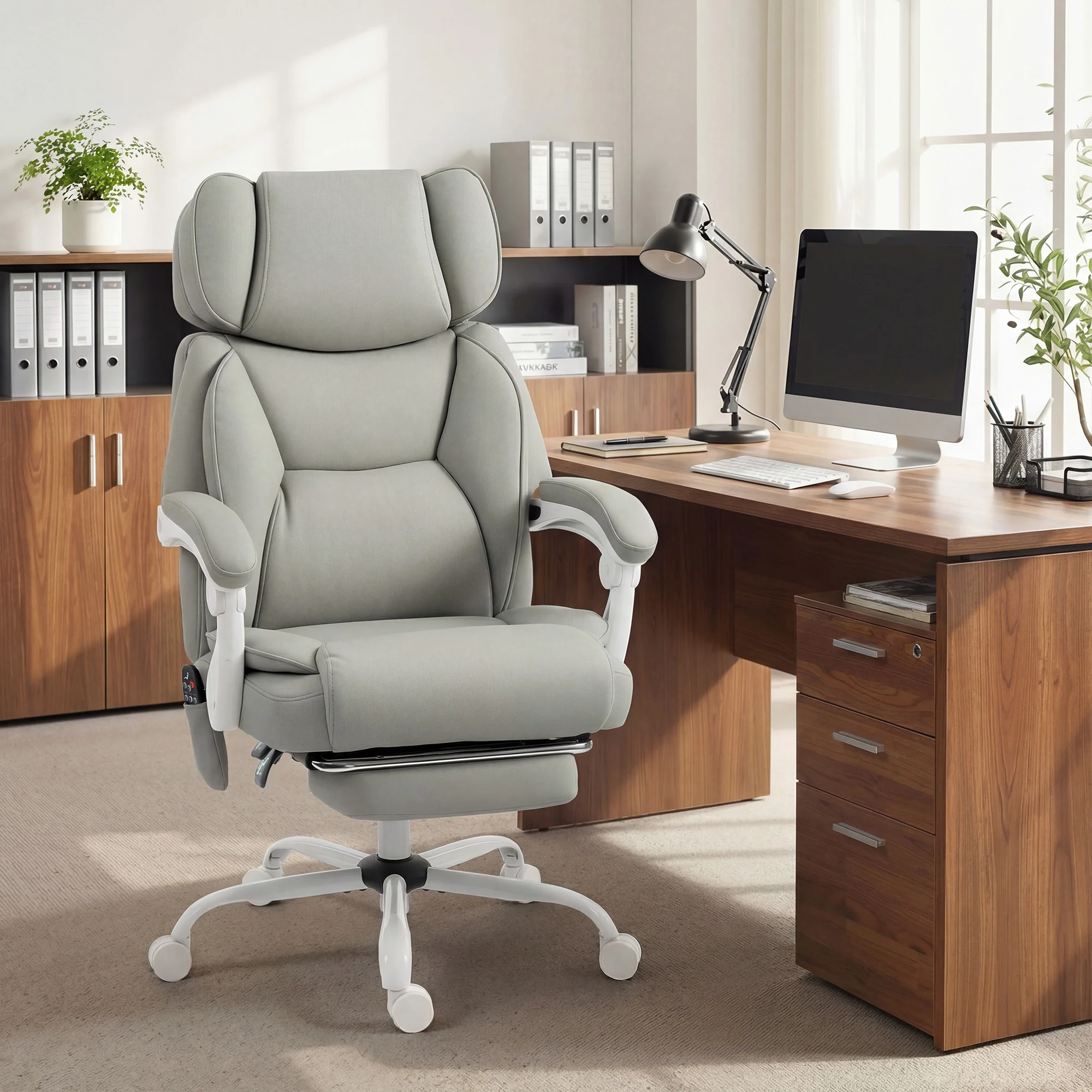 Adjustable High Back Heated Massage Office Chair with Footrest & Remote, Light Gray - Image 10