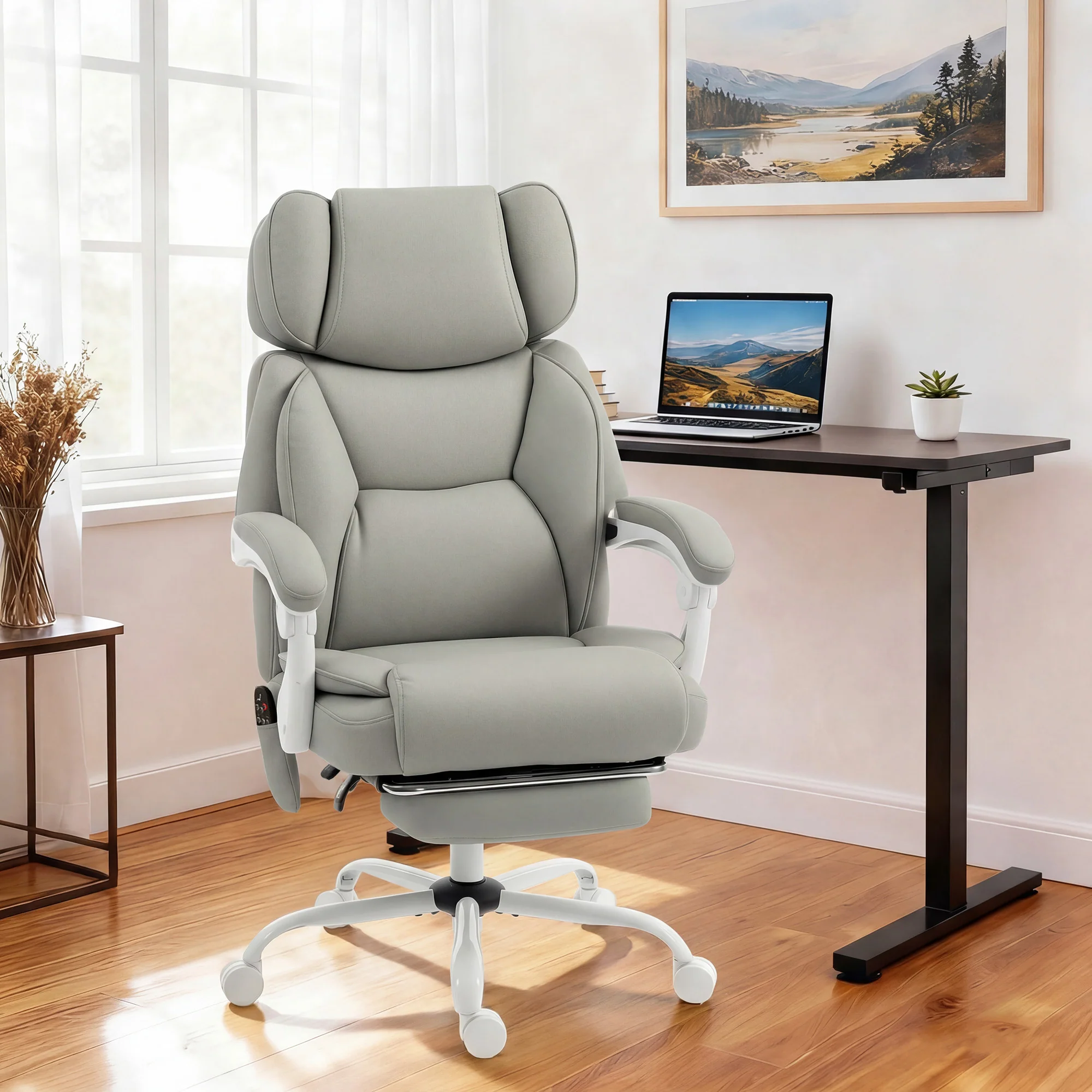 Adjustable High Back Heated Massage Office Chair with Footrest & Remote, Light Gray - Image 11