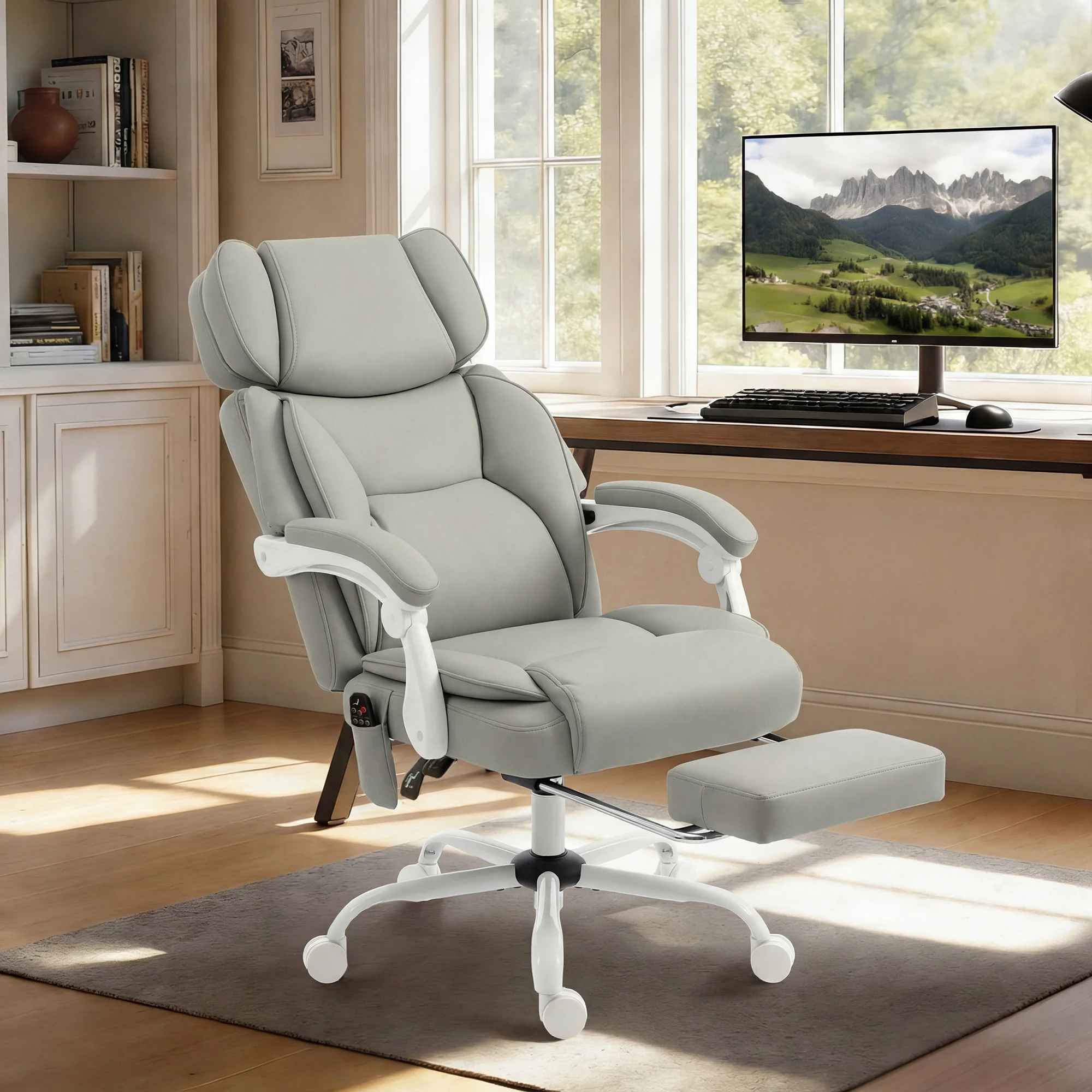Adjustable High Back Heated Massage Office Chair with Footrest & Remote, Light Gray - Image 3