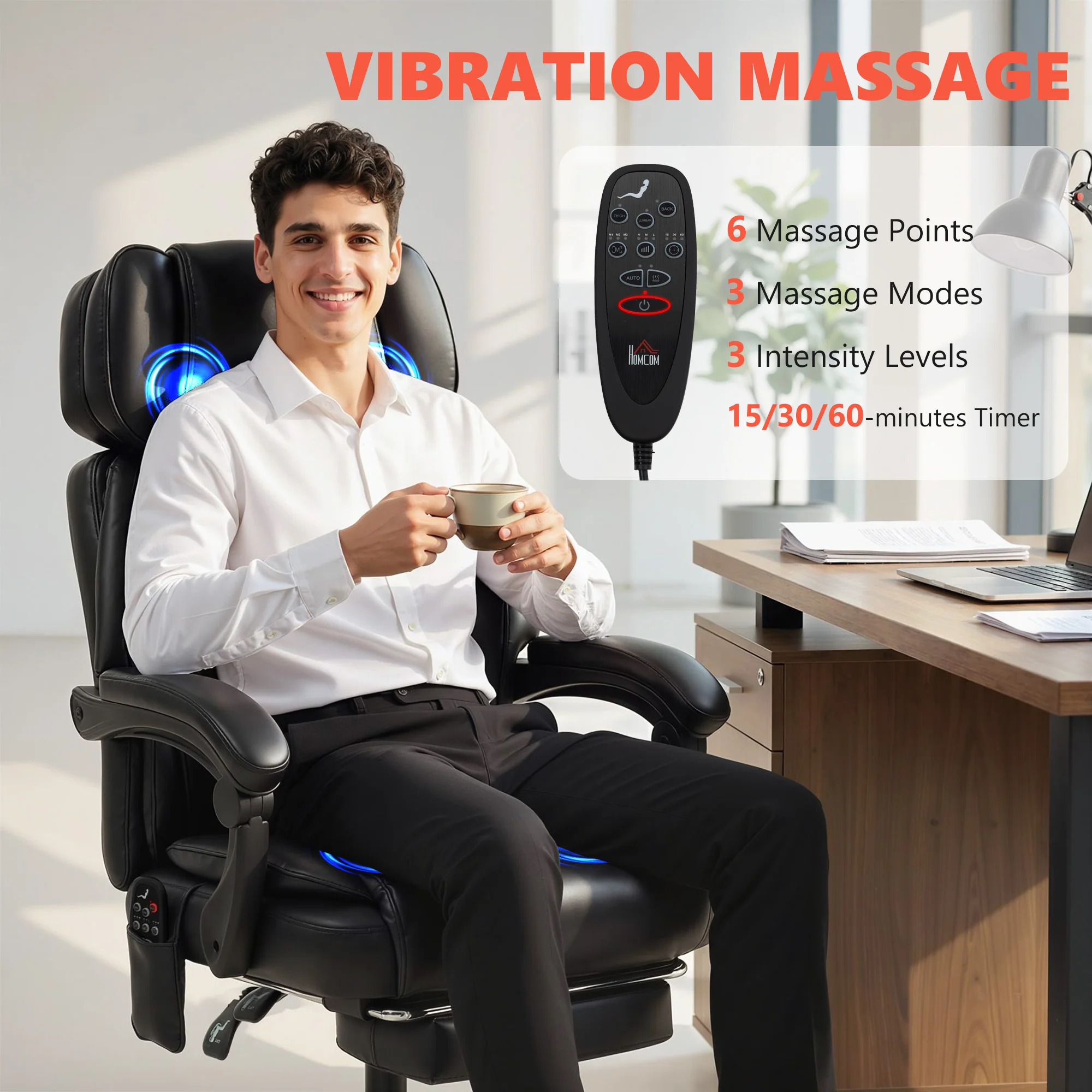 Adjustable High Back Heated Massage Office Chair with Footrest & Remote, Black - Image 6
