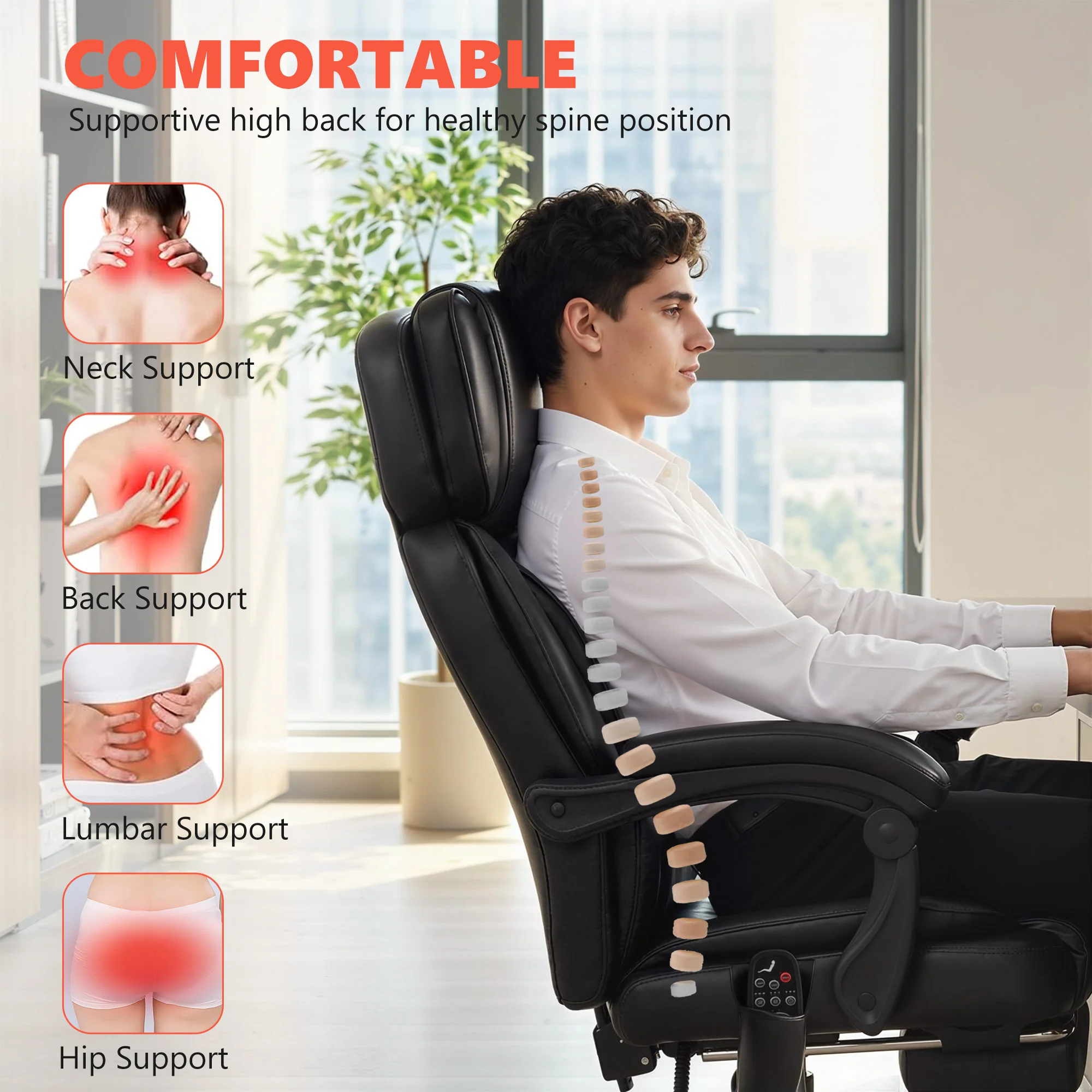 Adjustable High Back Heated Massage Office Chair with Footrest & Remote, Black - Image 7