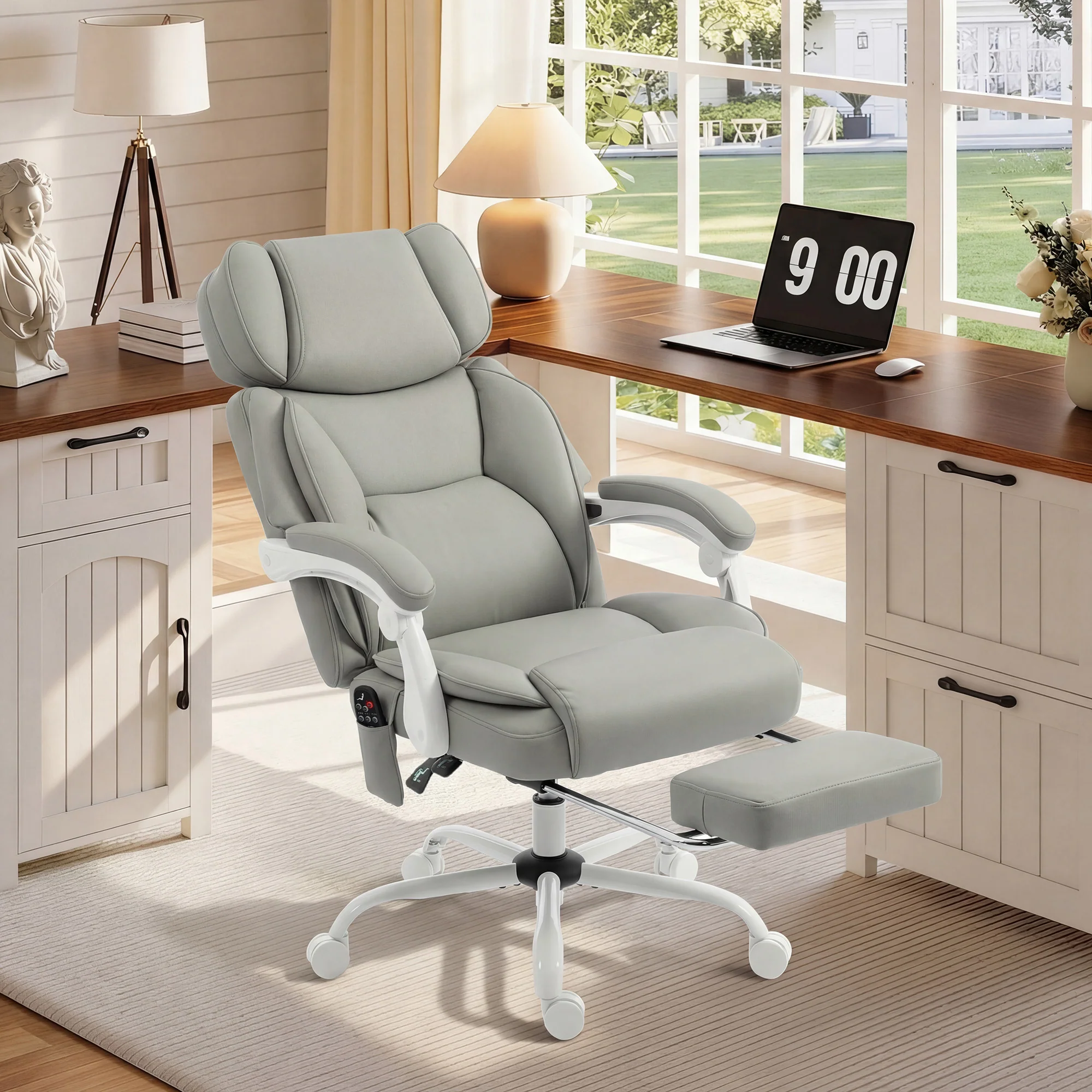 Adjustable High Back Heated Massage Office Chair with Footrest & Remote, Light Gray - Image 4