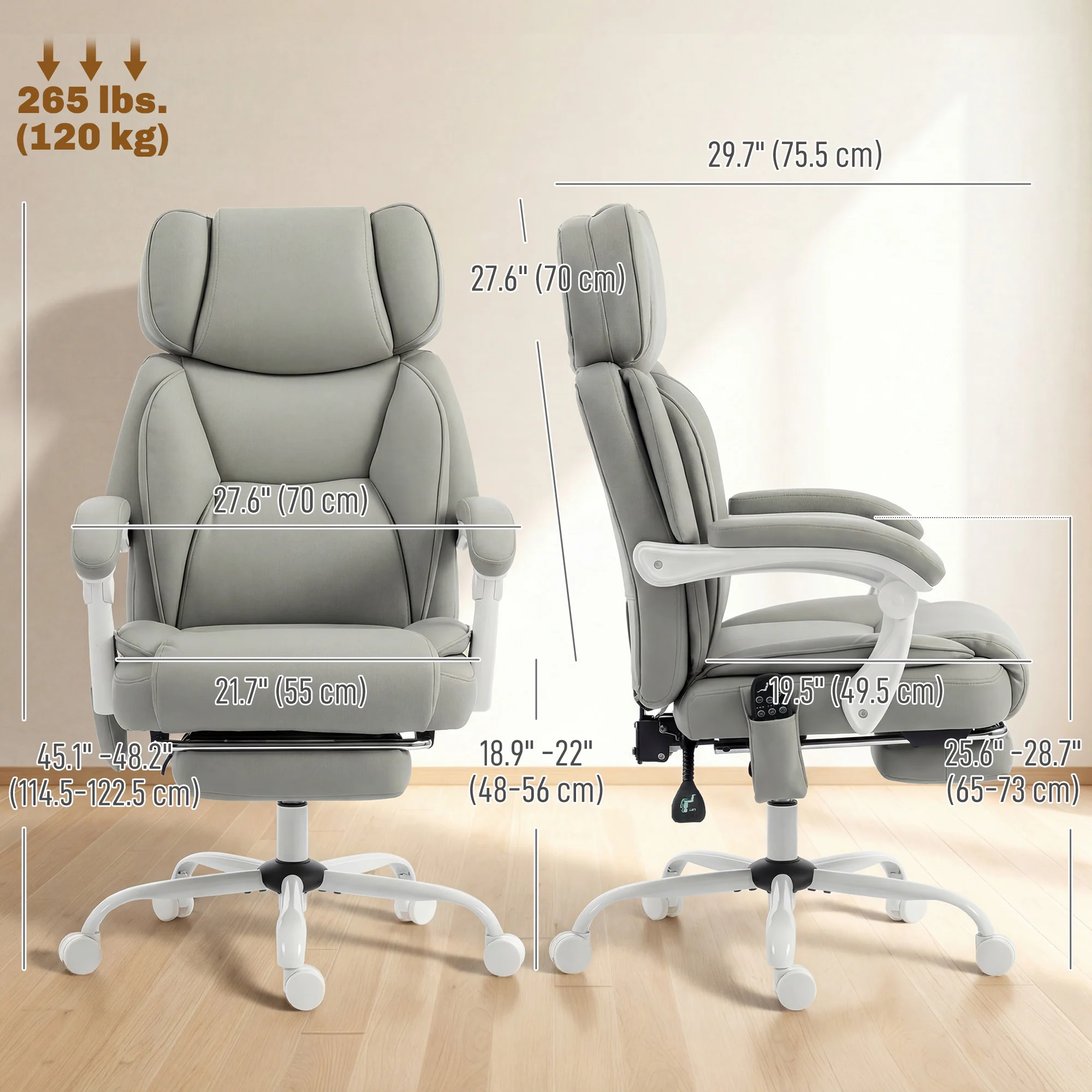 Adjustable High Back Heated Massage Office Chair with Footrest & Remote, Light Gray - Image 5