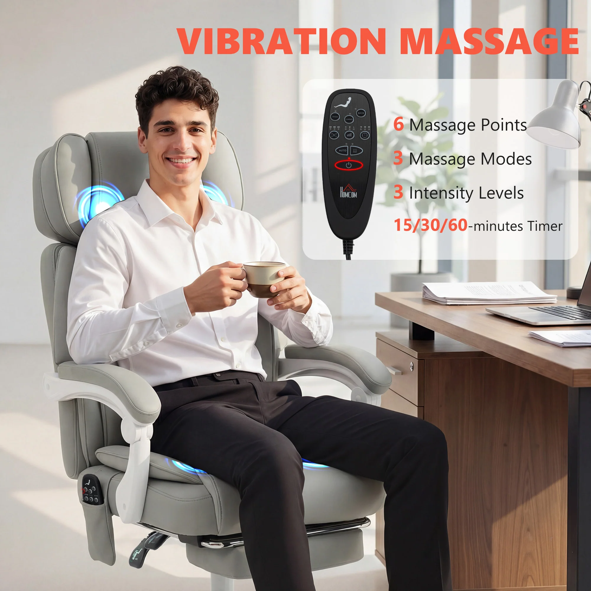 Adjustable High Back Heated Massage Office Chair with Footrest & Remote, Light Gray - Image 6