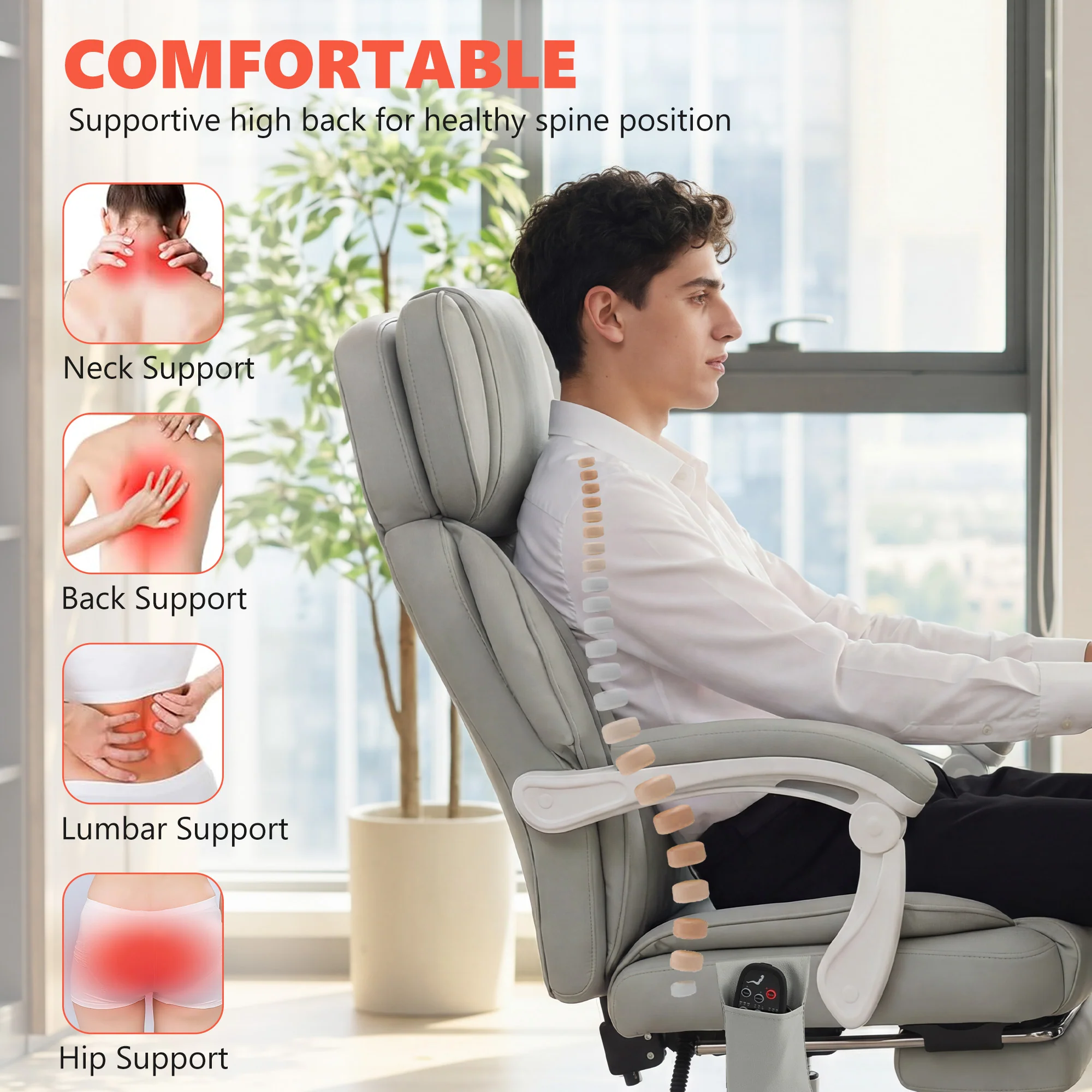 Adjustable High Back Heated Massage Office Chair with Footrest & Remote, Light Gray - Image 7