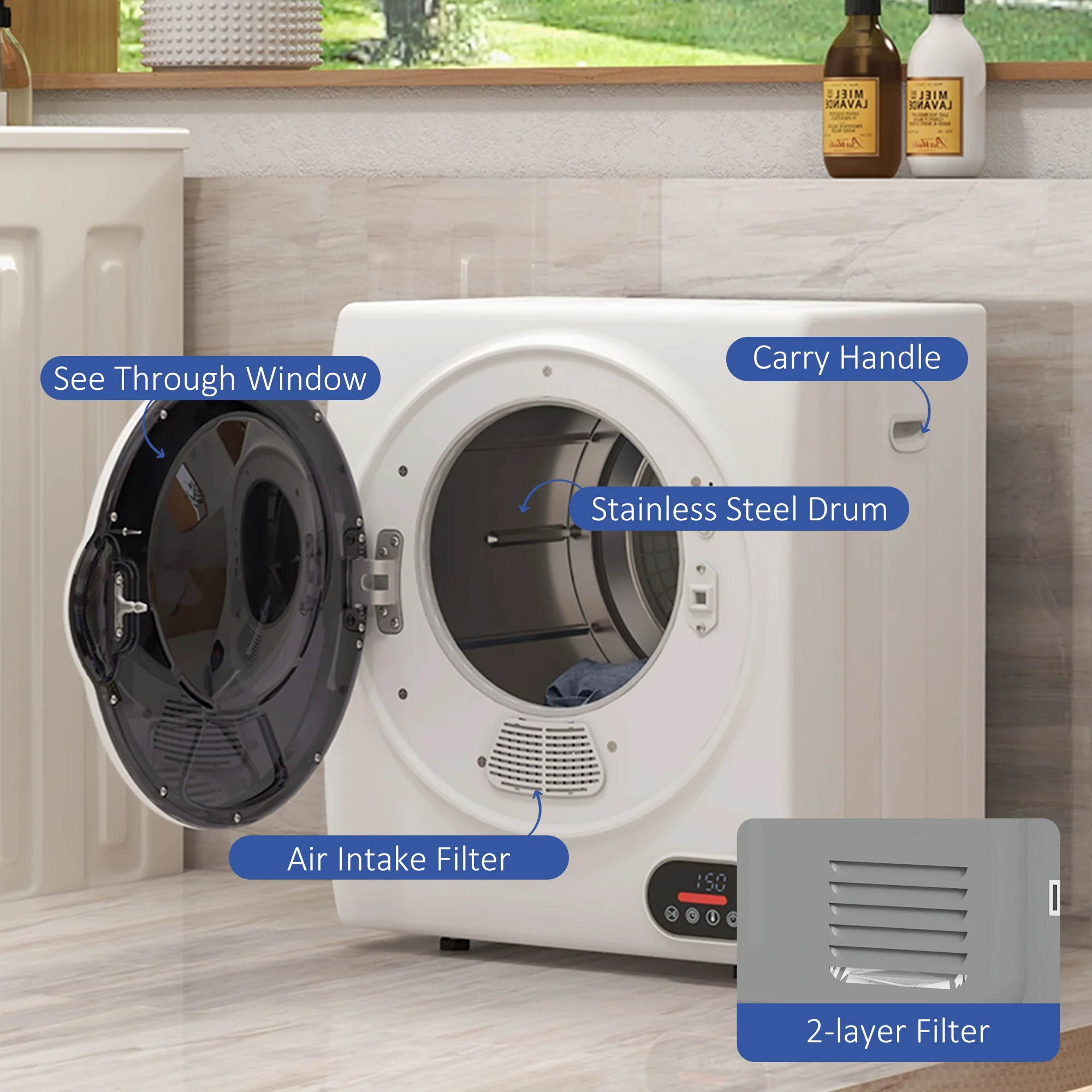 1.5 cu.ft Portable Compact Clothes Laundry Dryer w/ Intelligent Drying, 850W, White - Image 7