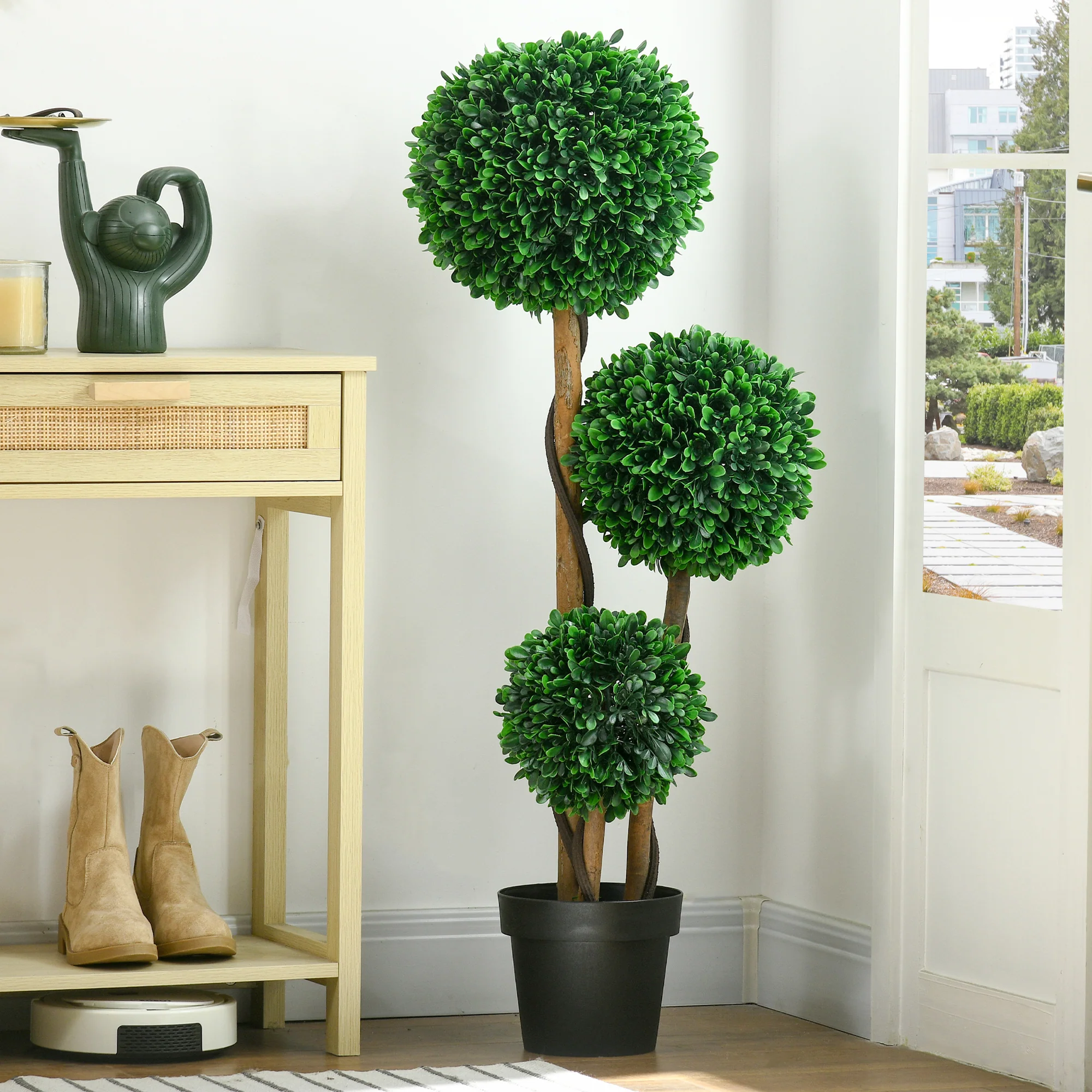 3.5ft Artificial Tree, Triple Ball Boxwood Topiary with Pot and Sandalwood Leaves - Image 3