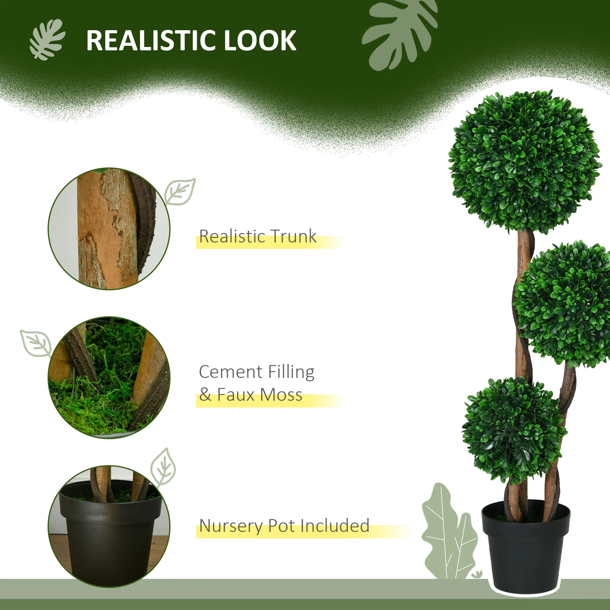 3.5ft Artificial Tree, Triple Ball Boxwood Topiary with Pot and Sandalwood Leaves - Image 6