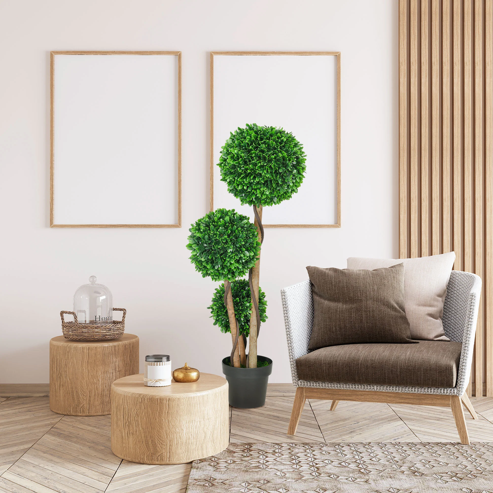 3.5ft Artificial Tree, Triple Ball Boxwood Topiary with Pot and Sandalwood Leaves - Image 8