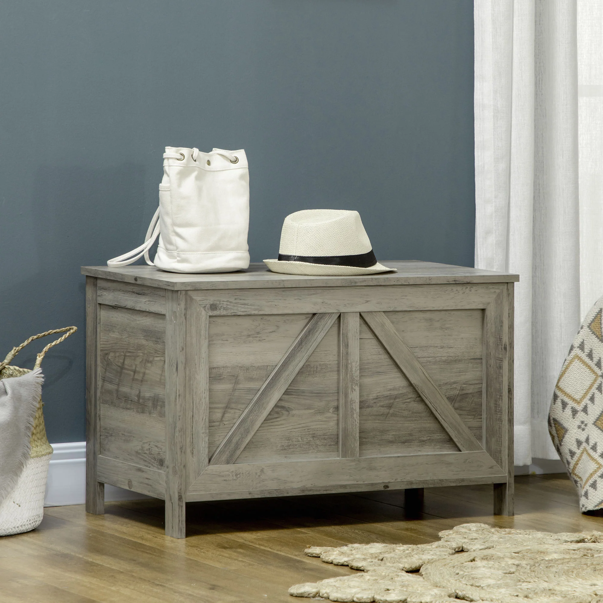 30" Farmhouse Storage Chest, Lift Top Box Organizer w/ Safety Hinge to Open Up 100°, White - Image 3