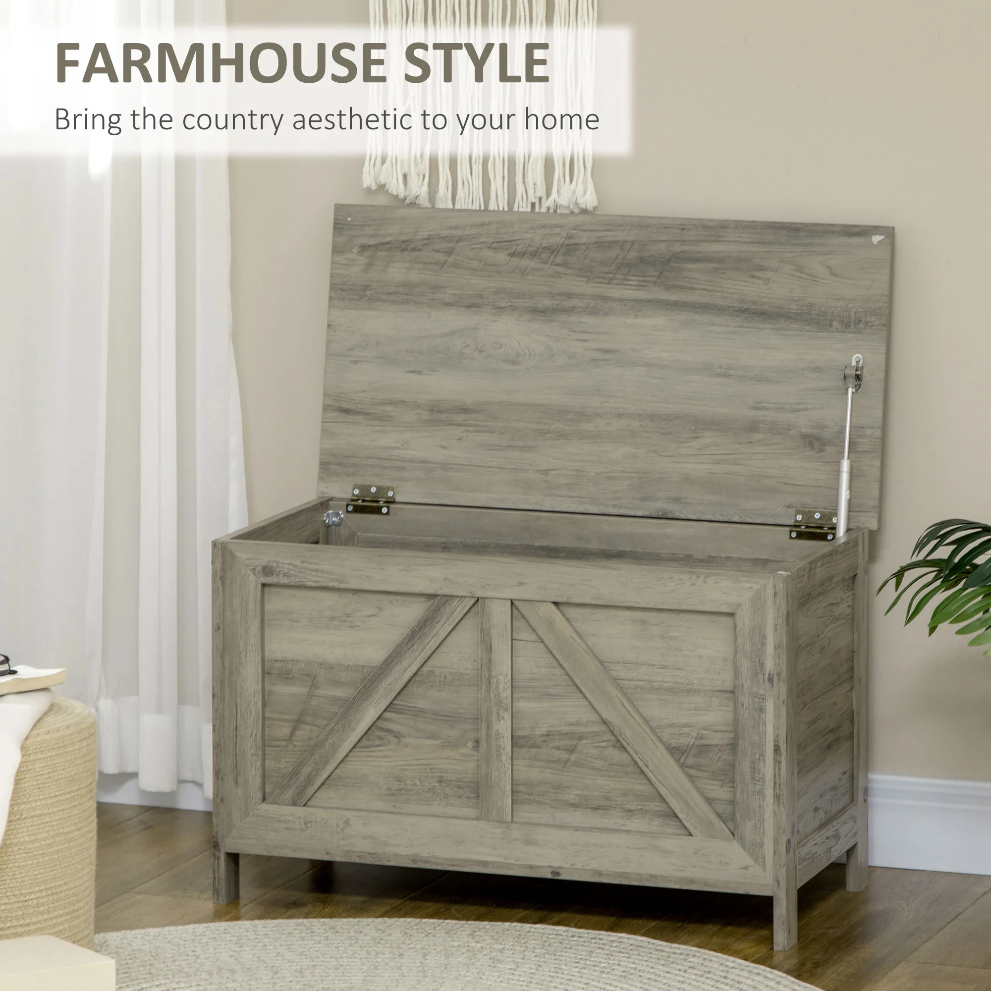 30" Farmhouse Storage Chest, Lift Top Box Organizer w/ Safety Hinge to Open Up 100°, White - Image 6