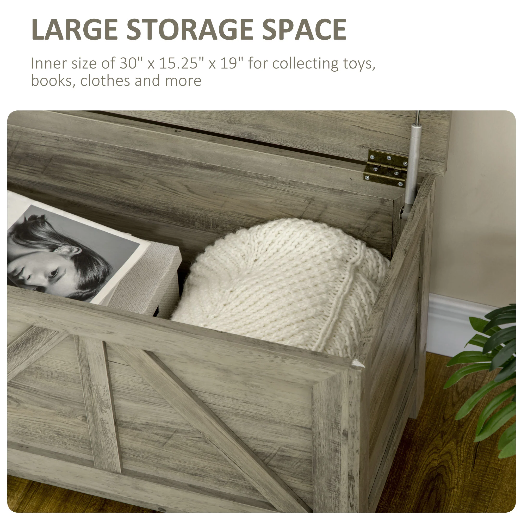 30" Farmhouse Storage Chest, Lift Top Box Organizer w/ Safety Hinge to Open Up 100°, White - Image 7